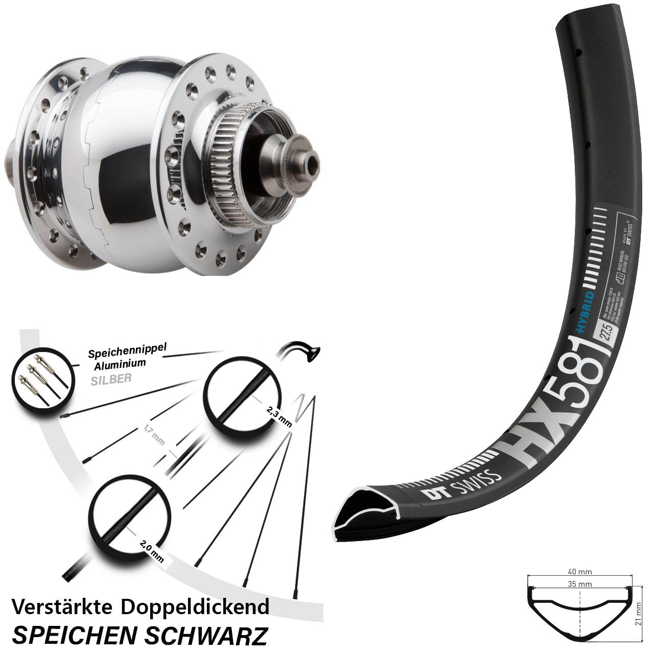 27,5 Zoll DT Swiss HX581 SON 28 poliert Disc Nabendynamovorderrad für Schnellspanner
