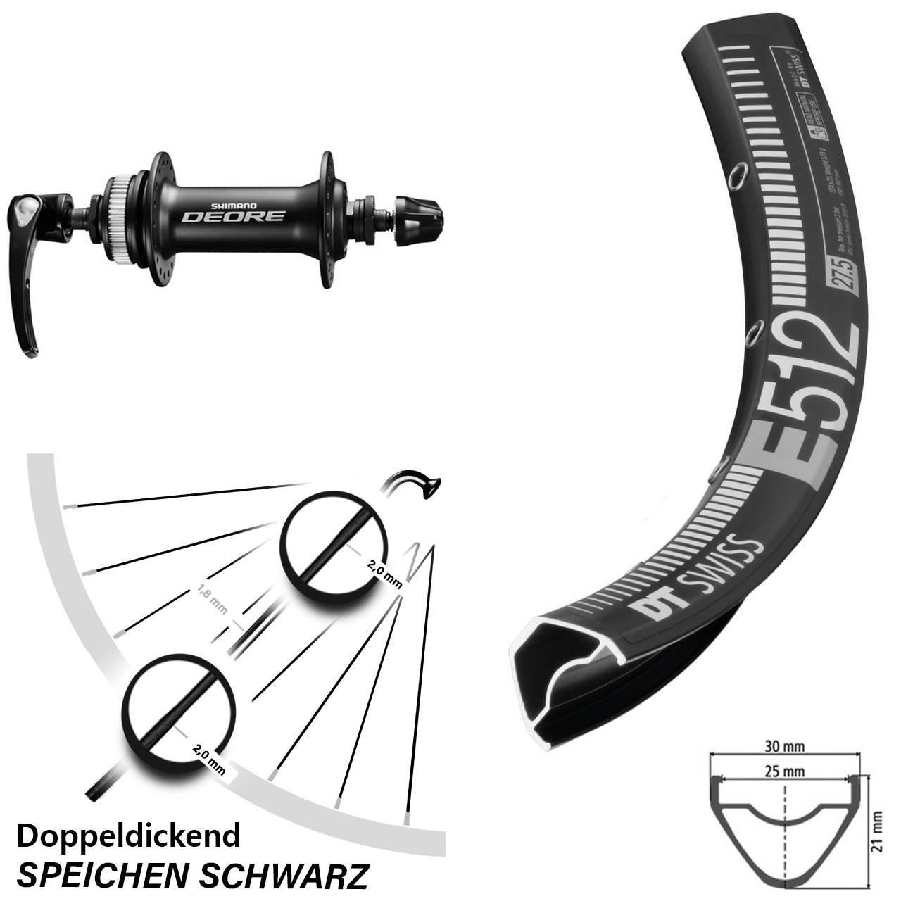 DT Swiss E512 Shimano HB-M6000 29 Zoll Vorderrad Centerlock für Schnellspanner