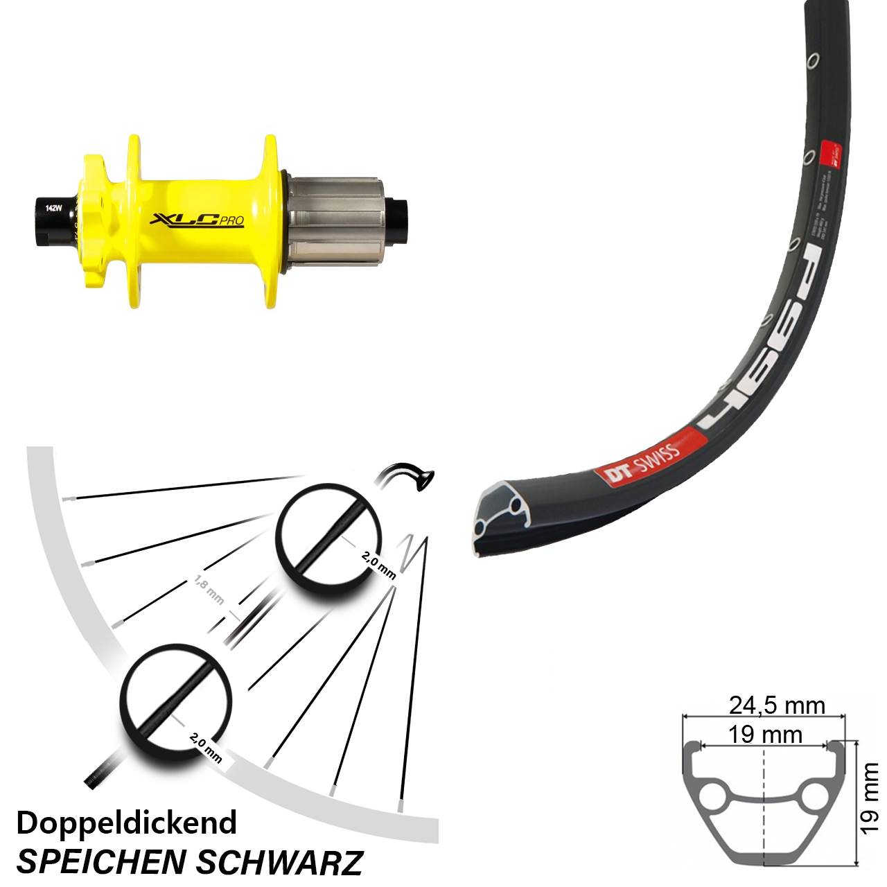 Hinterrad 6-Loch 12x142 28-29 Zoll DT Swiss 466d XLC gelb 8-11 fach