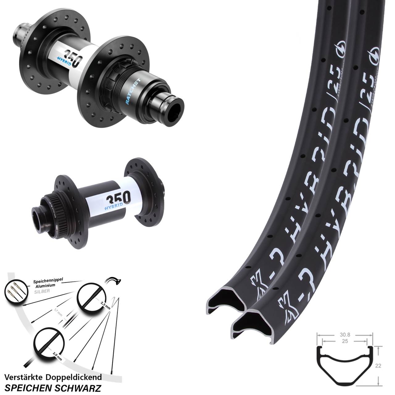 KX-R Hybrid 25 DT Swiss 350 Hybrid 26 Zoll Laufradsatz Disc Boost SRAM XD