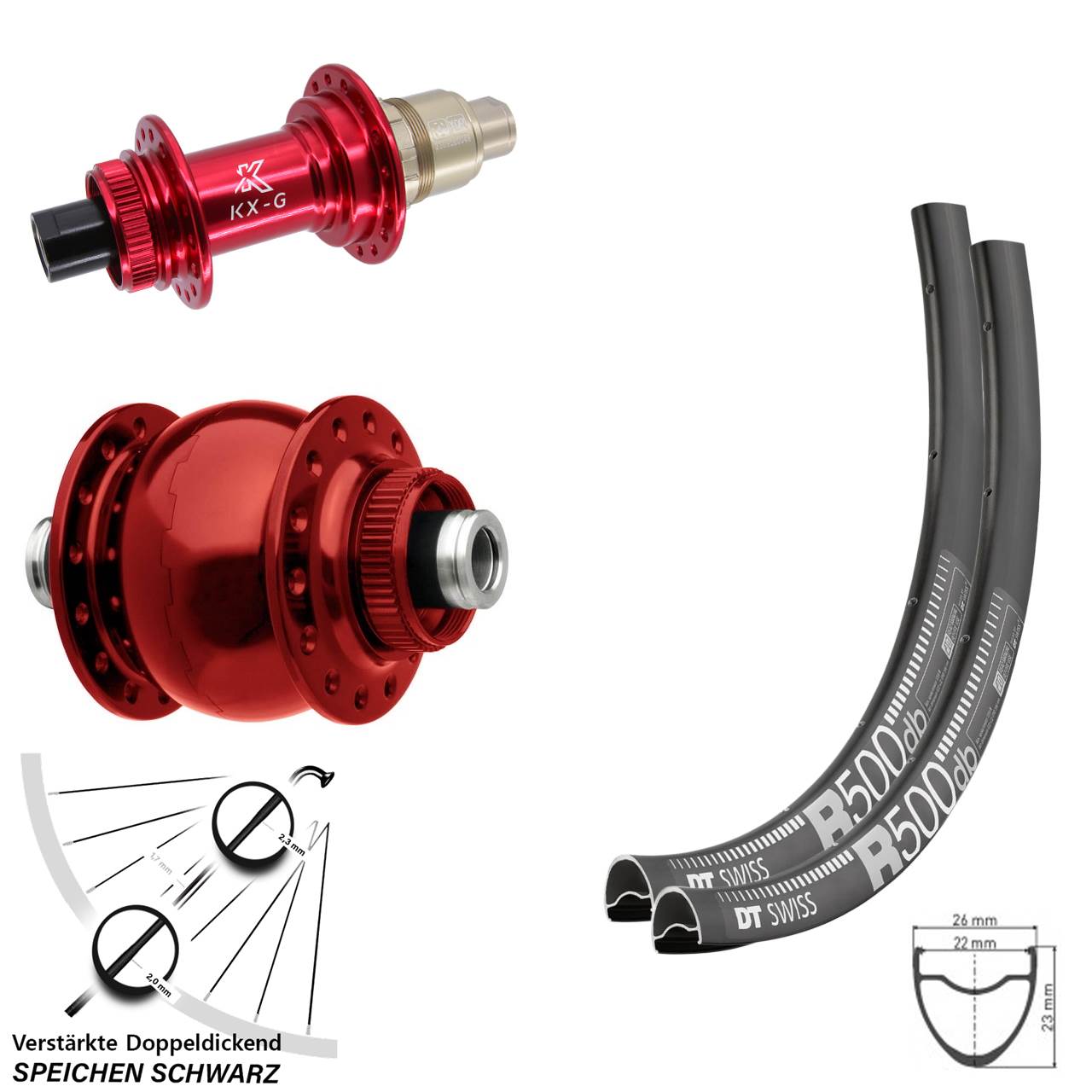 Centerlock Laufradsatz 28-29 Zoll DT Swiss R500 KX-G rot SON 28 XDR 12x100/142