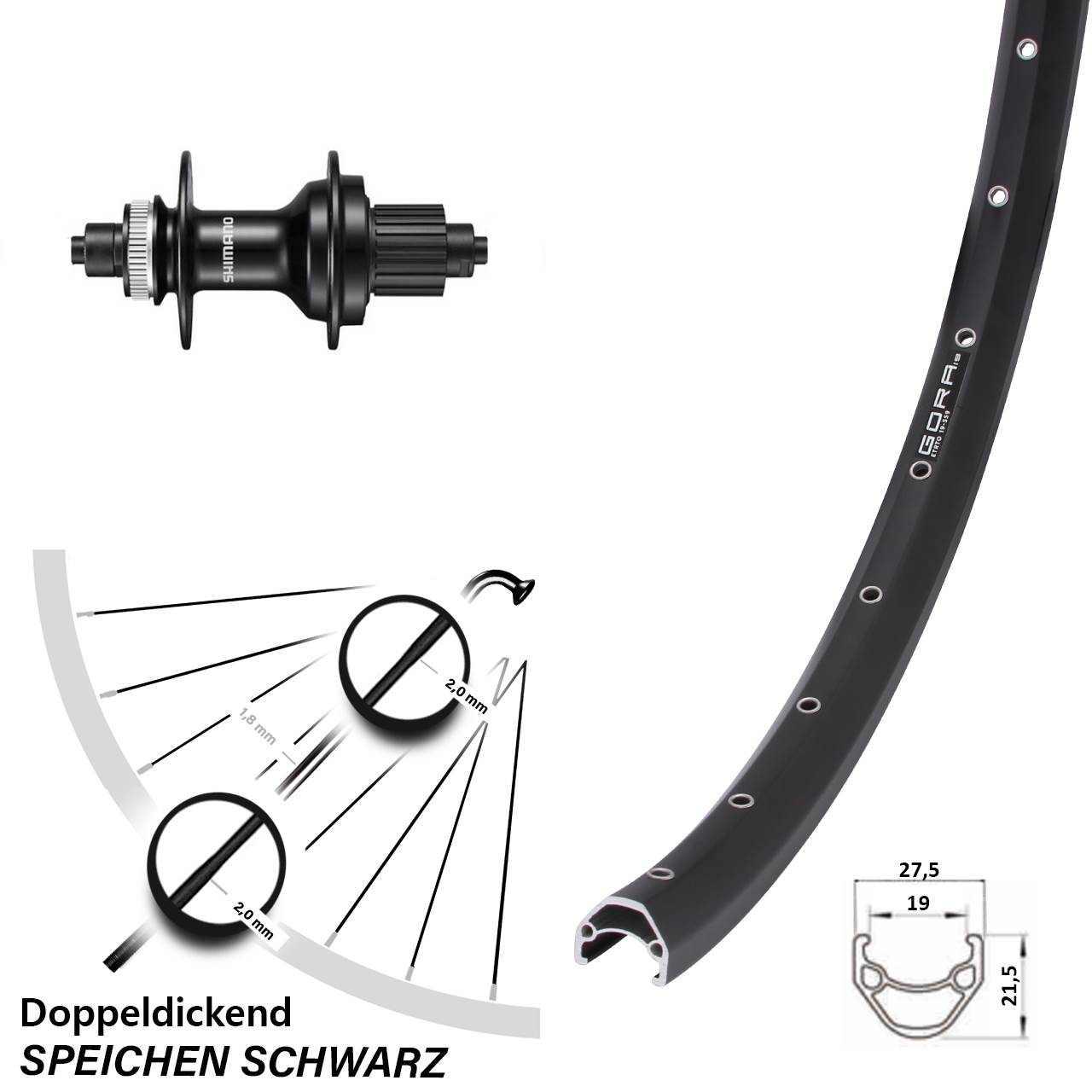 Hinterrad Centerlock für Schnellspanner 27,5 Zoll Gora 19 Shimano MT500 Micro Spline