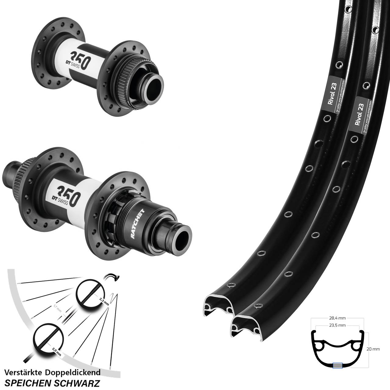 27,5 Zoll Ryde Rival 23 DT Swiss 350 CL SRAM XD Disc Laufrad-Satz 15x100 12x142
