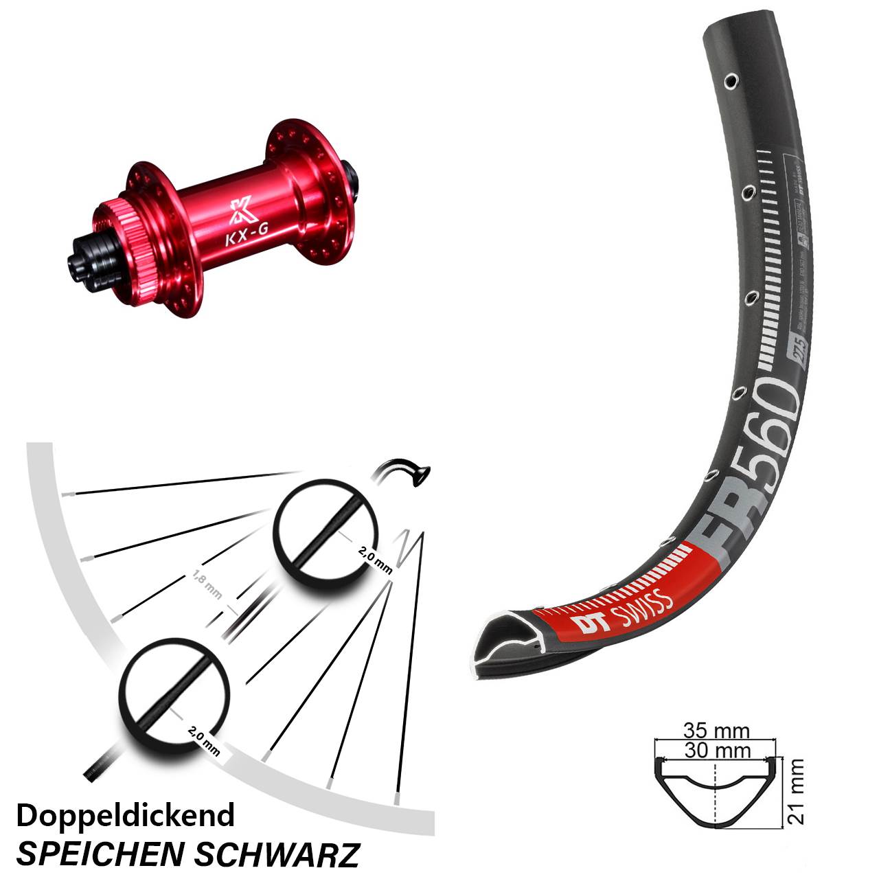 Disc Vorderrad für Schnellspanner 26 Zoll DT Swiss FR560 KX-G rot