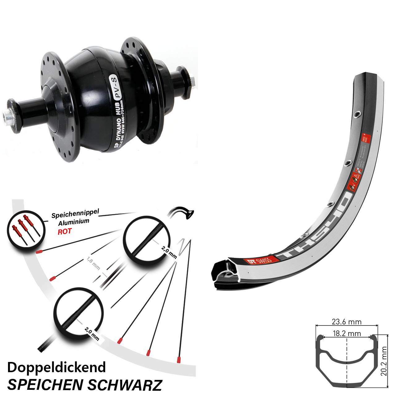 Vorderrad 28 Zoll DT Swiss TK 540 schwarz Shutter Nabendynamo PV-8