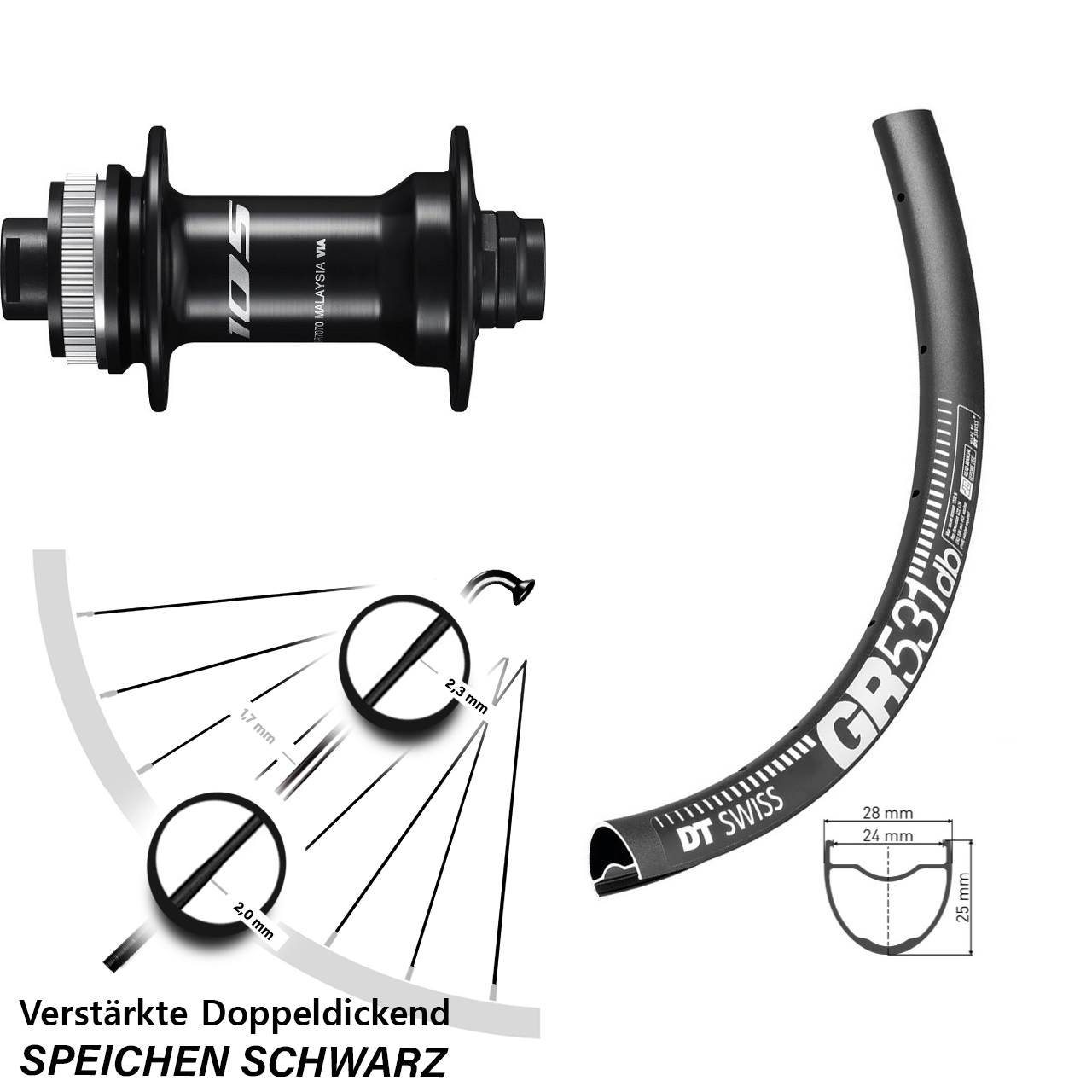 Shimano 105 Steckachse DT Swiss GR 531 DB Gravel Vorderrad 27,5 Zoll Centerlock