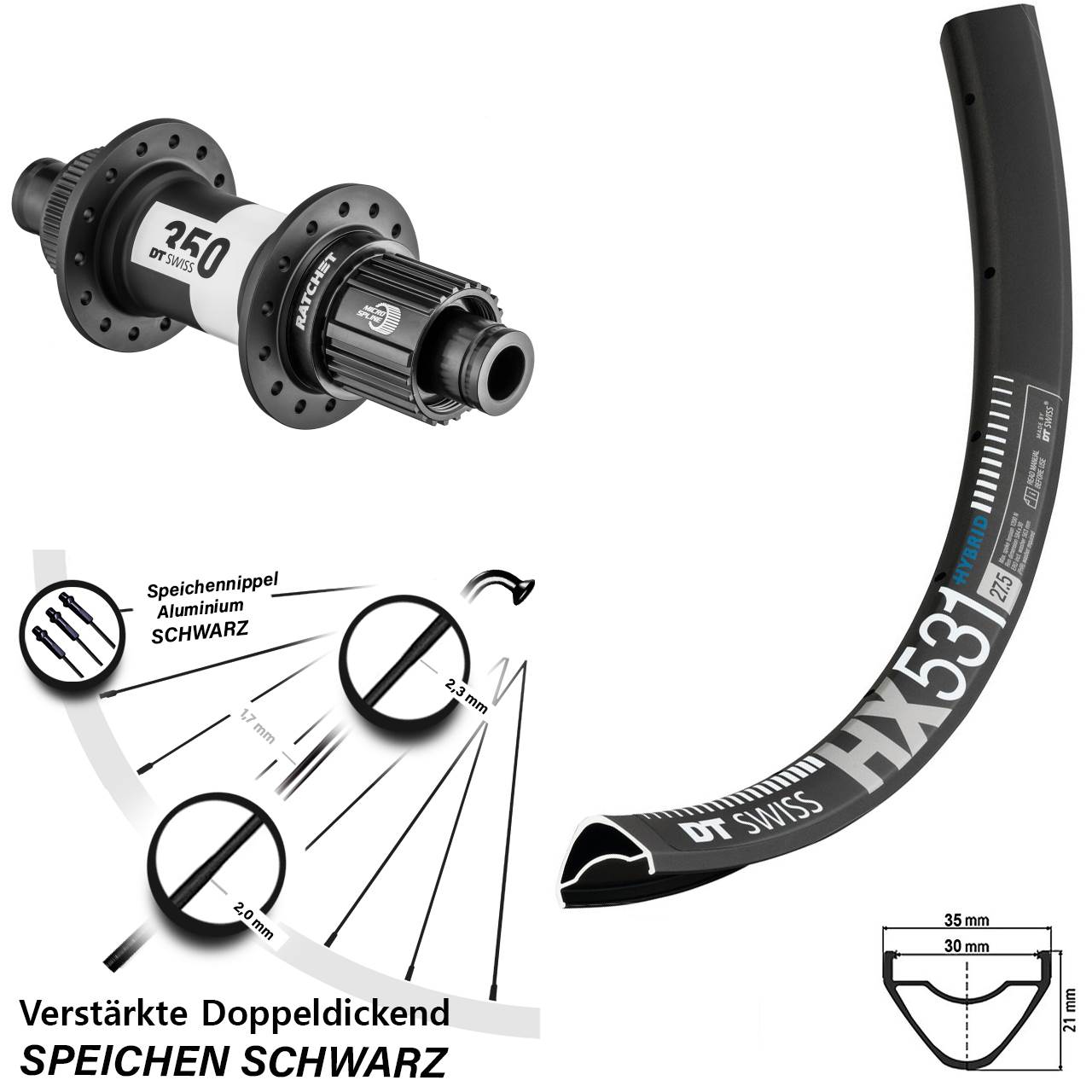 29 Zoll DT Swiss HX531-350 Ratchet 36 Centerlock Hinterrad 12x142 Shimano Micro Spline