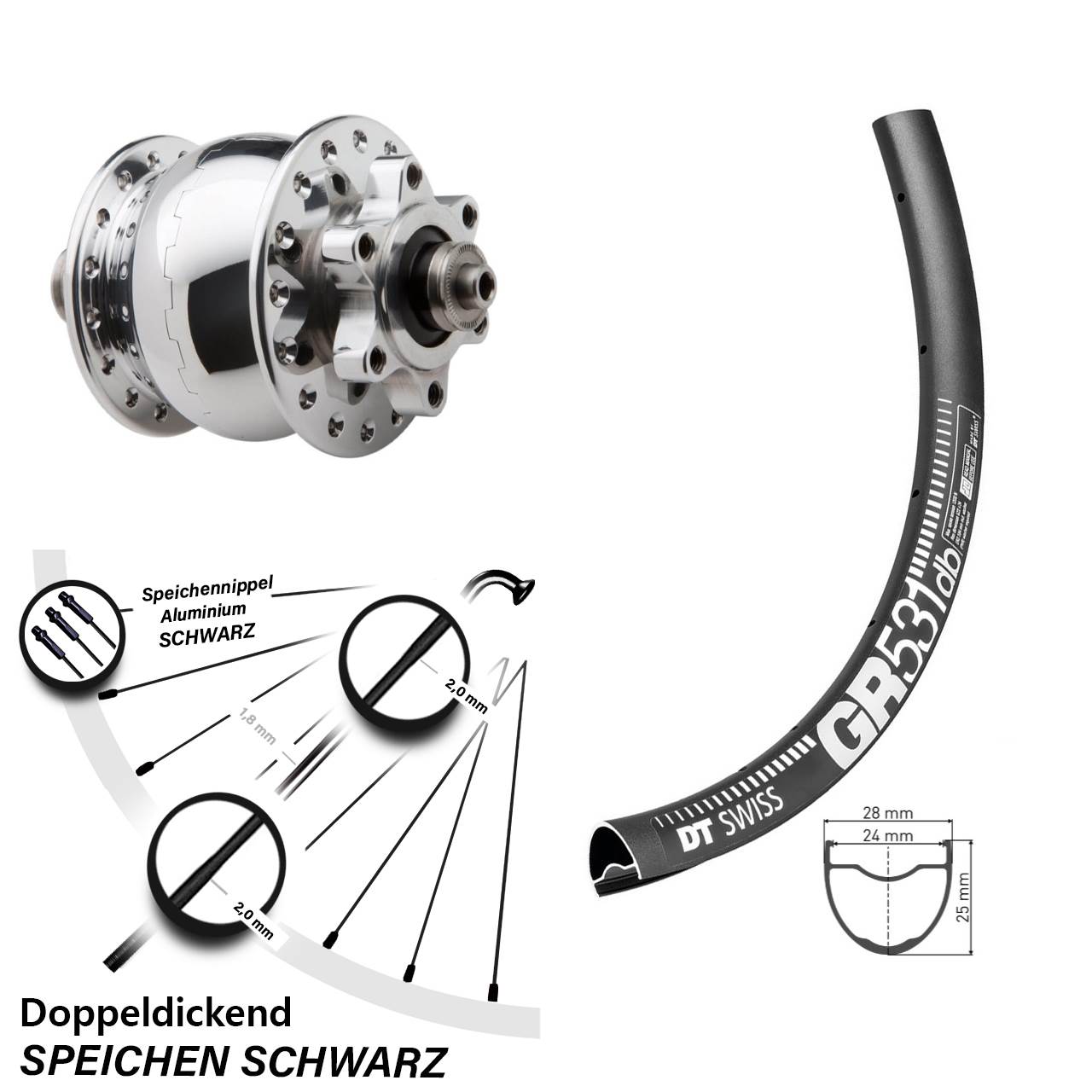Nabendynamovorderrad 6-Loch QR 650B DT Swiss GR 531 SON 28 poliert