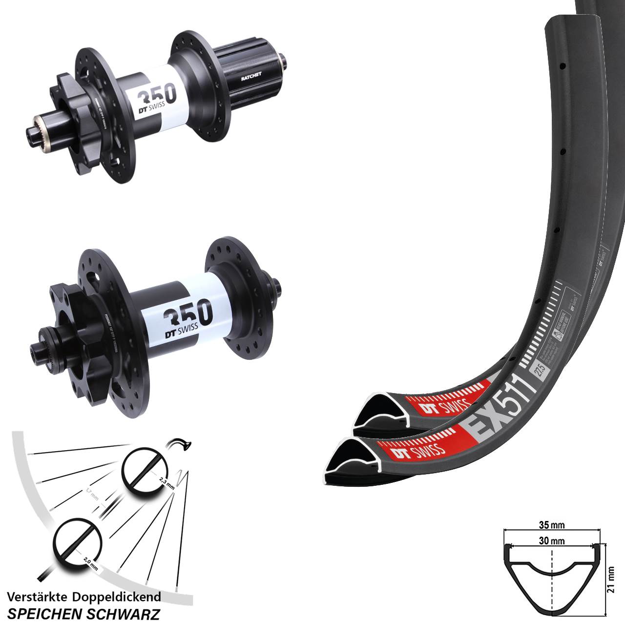 DT Swiss EX 511-350 Ratchet 36 Disc 27,5 Zoll Laufradsatz für Schnellspanner 8-11 fach HG