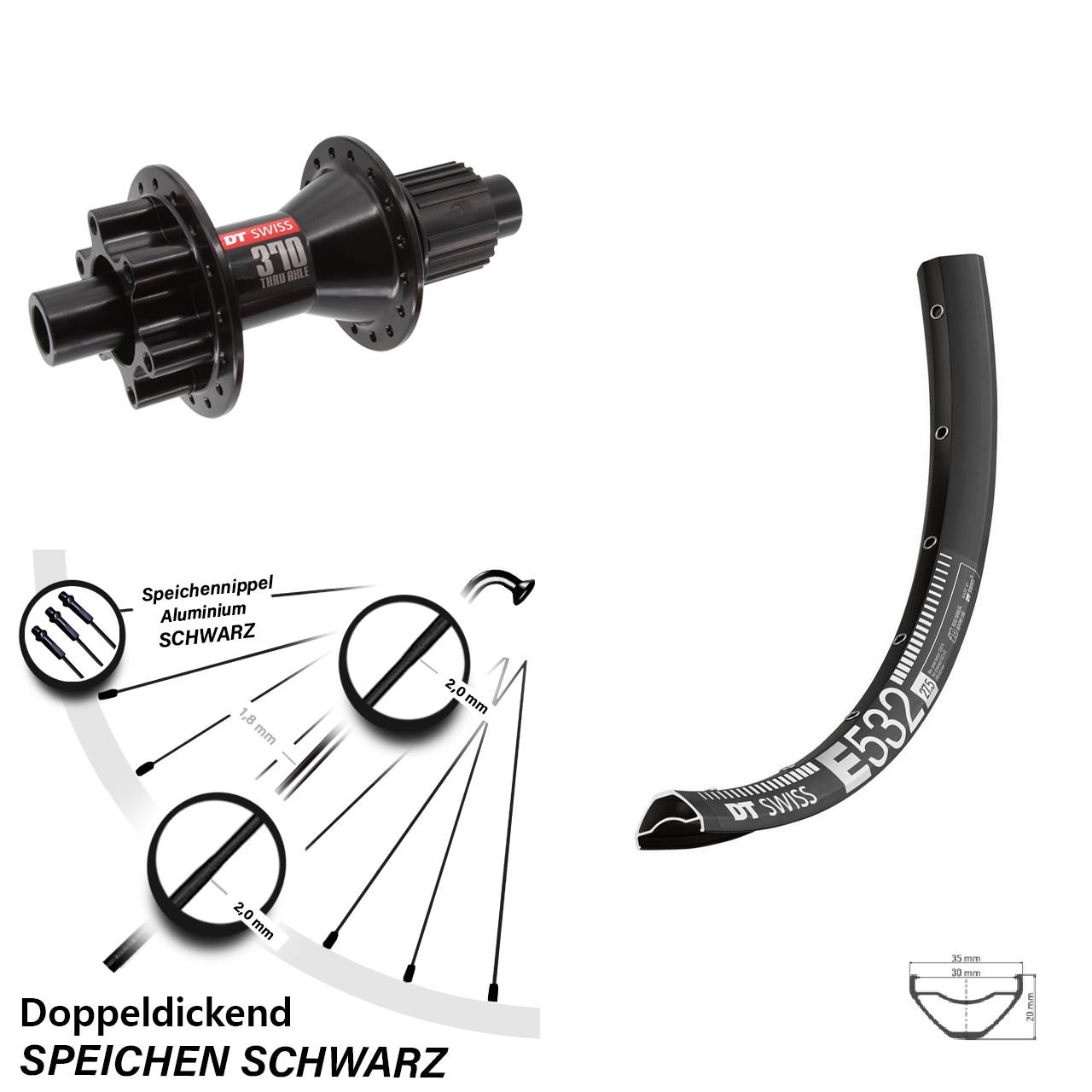 DT Swiss E532-370 Hybrid 27,5 Zoll Hinterrad 6-Loch 12x142 Shimano Micro Spline