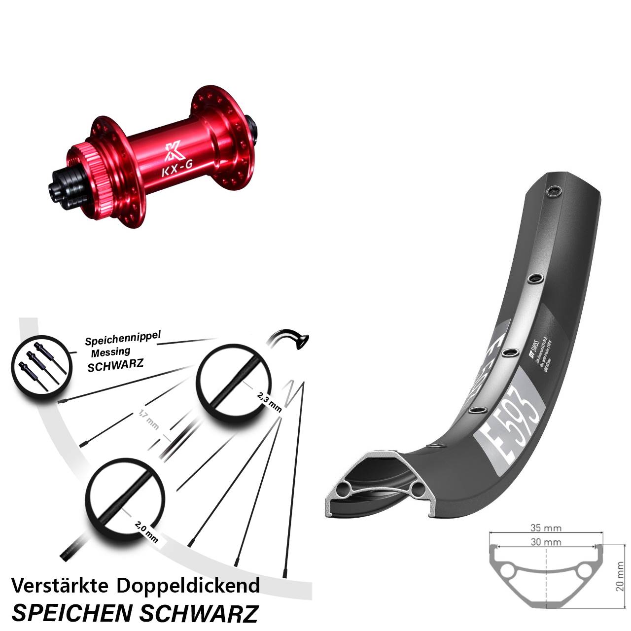 29 Zoll DT Swiss E 593 KX-G rot Centerlock Vorderrad für Schnellspanner