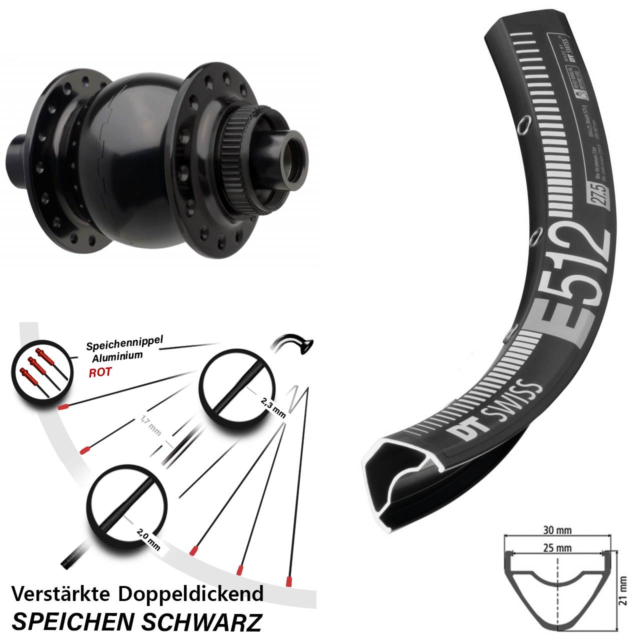 Vorderrad 29 Zoll DT Swiss E 512 Disc SON 28-15 Steckachse 110 Boost schwarz