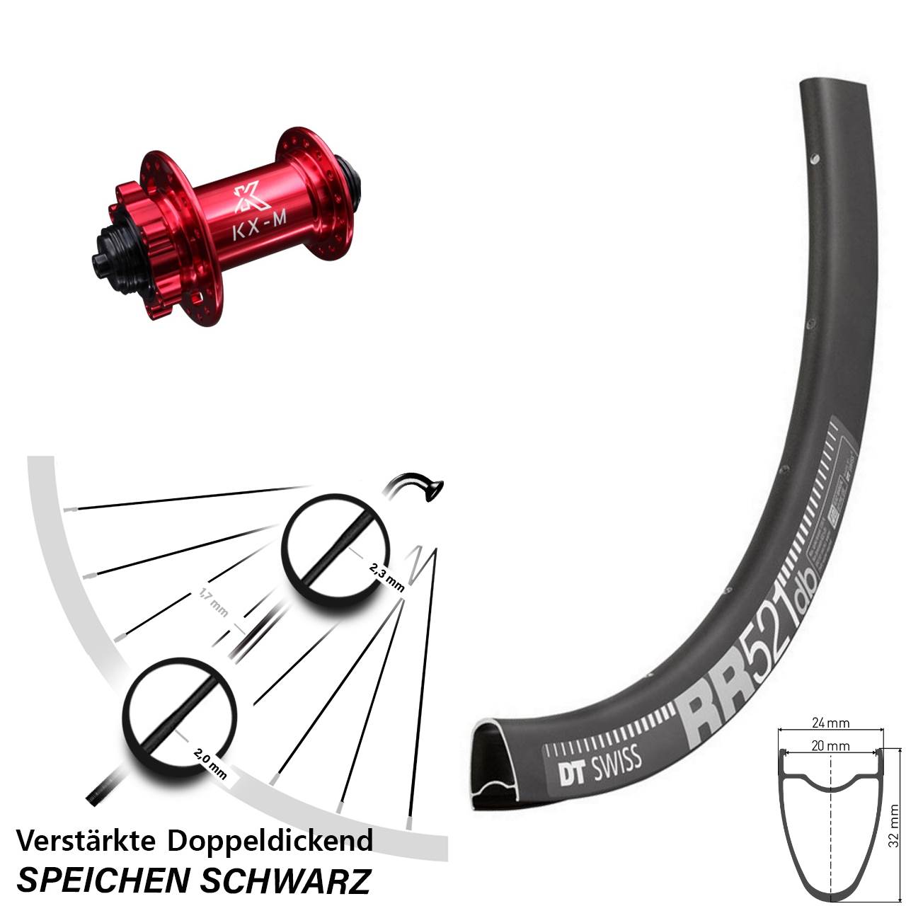Disc Laufrad QR 28 Zoll DT Swiss RR521 KX-M rot