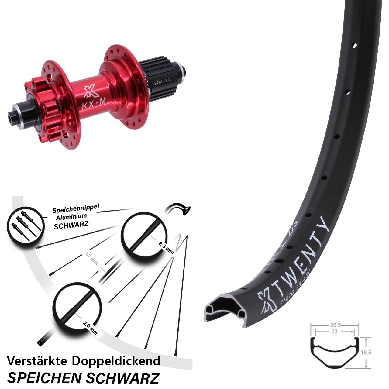 Disc Hinterrad 20 Zoll rote Nabe KX-M Twenty Shimano Micro Spline QR