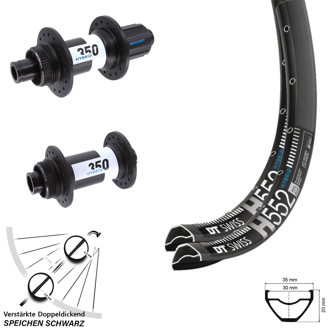 29 Zoll DT Swiss H 552-350 Hybrid Laufrad-Satz 15x110 12x148 8-11 fach HG