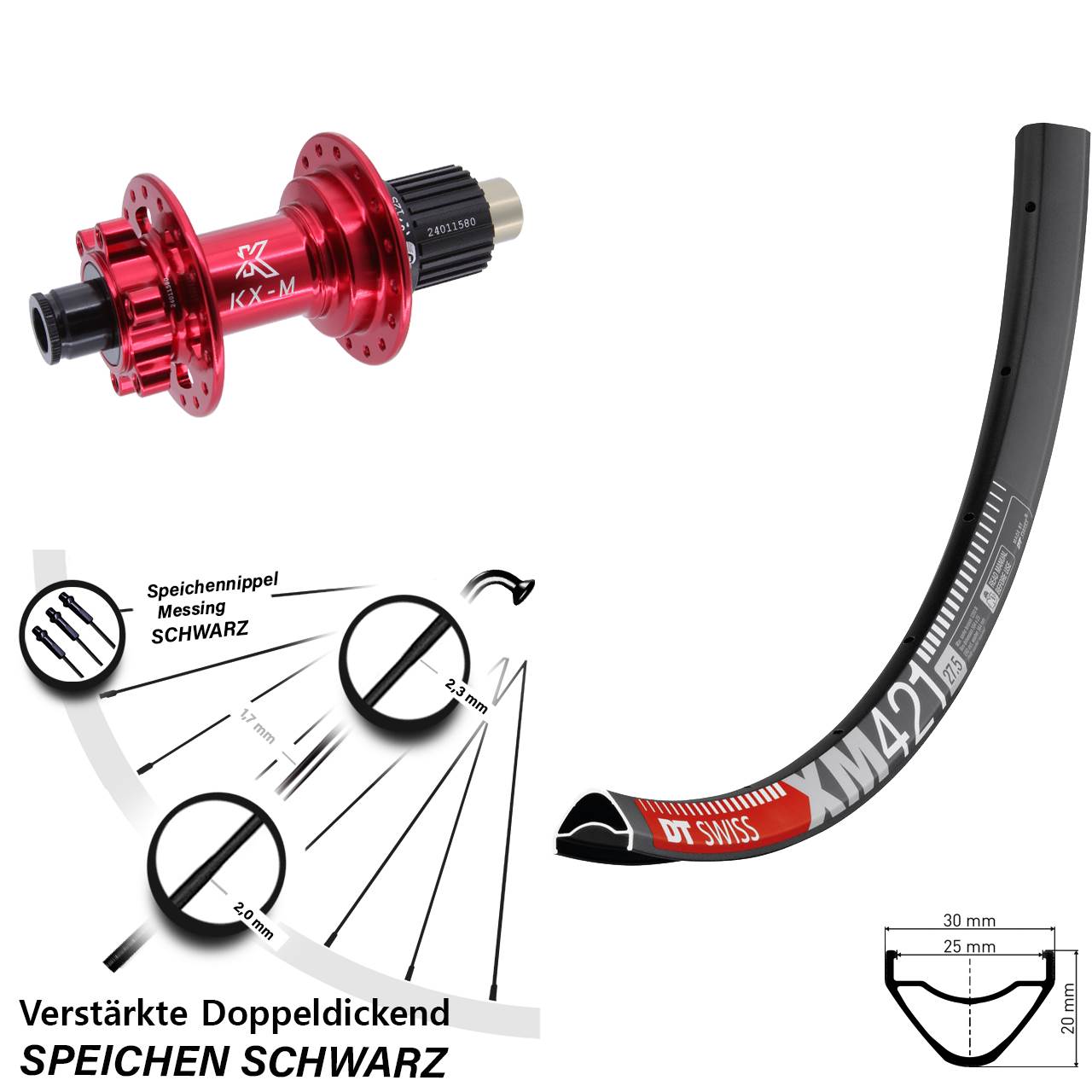 Hinterrad 6-Loch 27,5 Zoll DT Swiss XM 421 KX-M rot Micro Spline 12x142