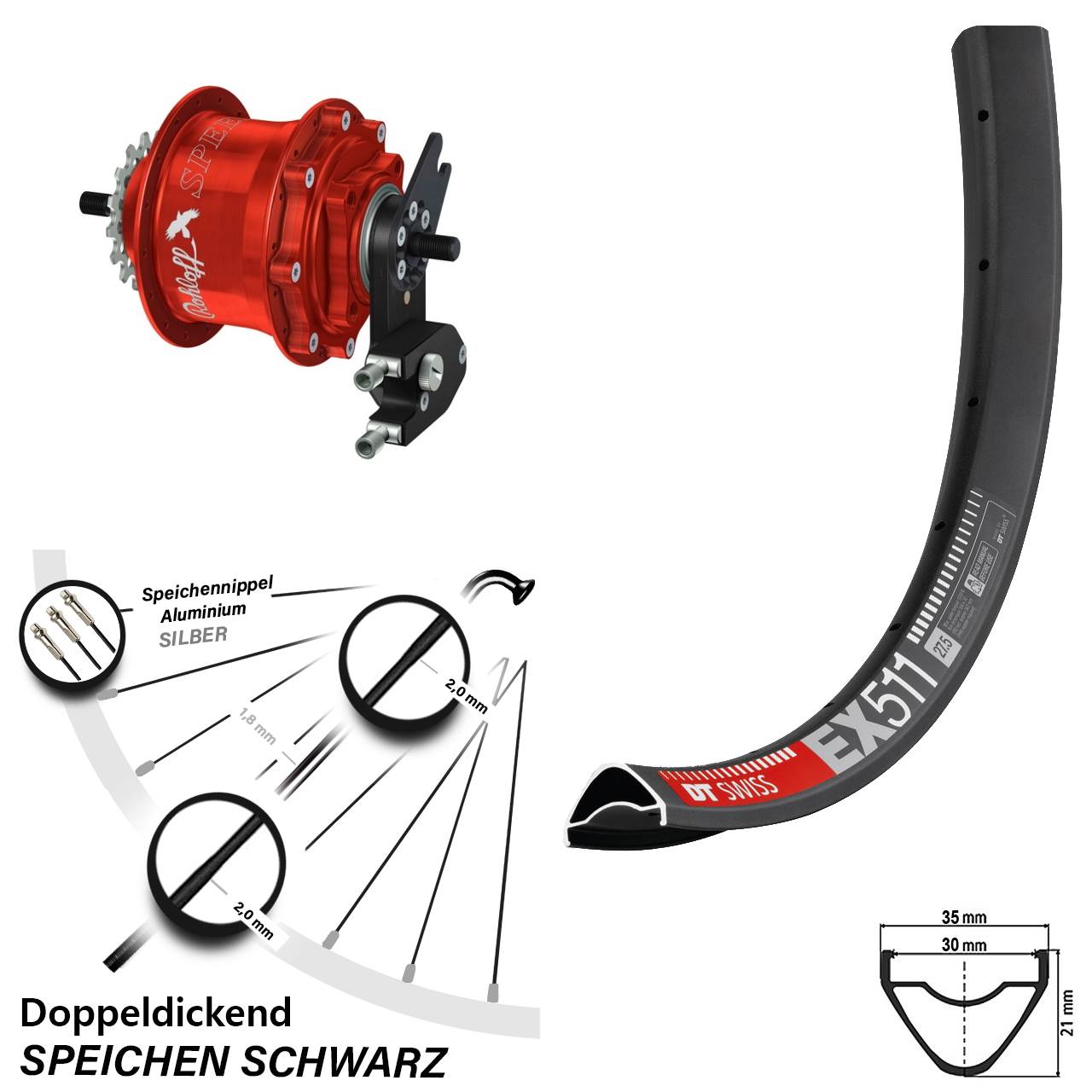 DT Swiss EX511 Rohloff Speedhub TS DB OEM2 Tandem rot 29 Zoll Disc Hinterrrad