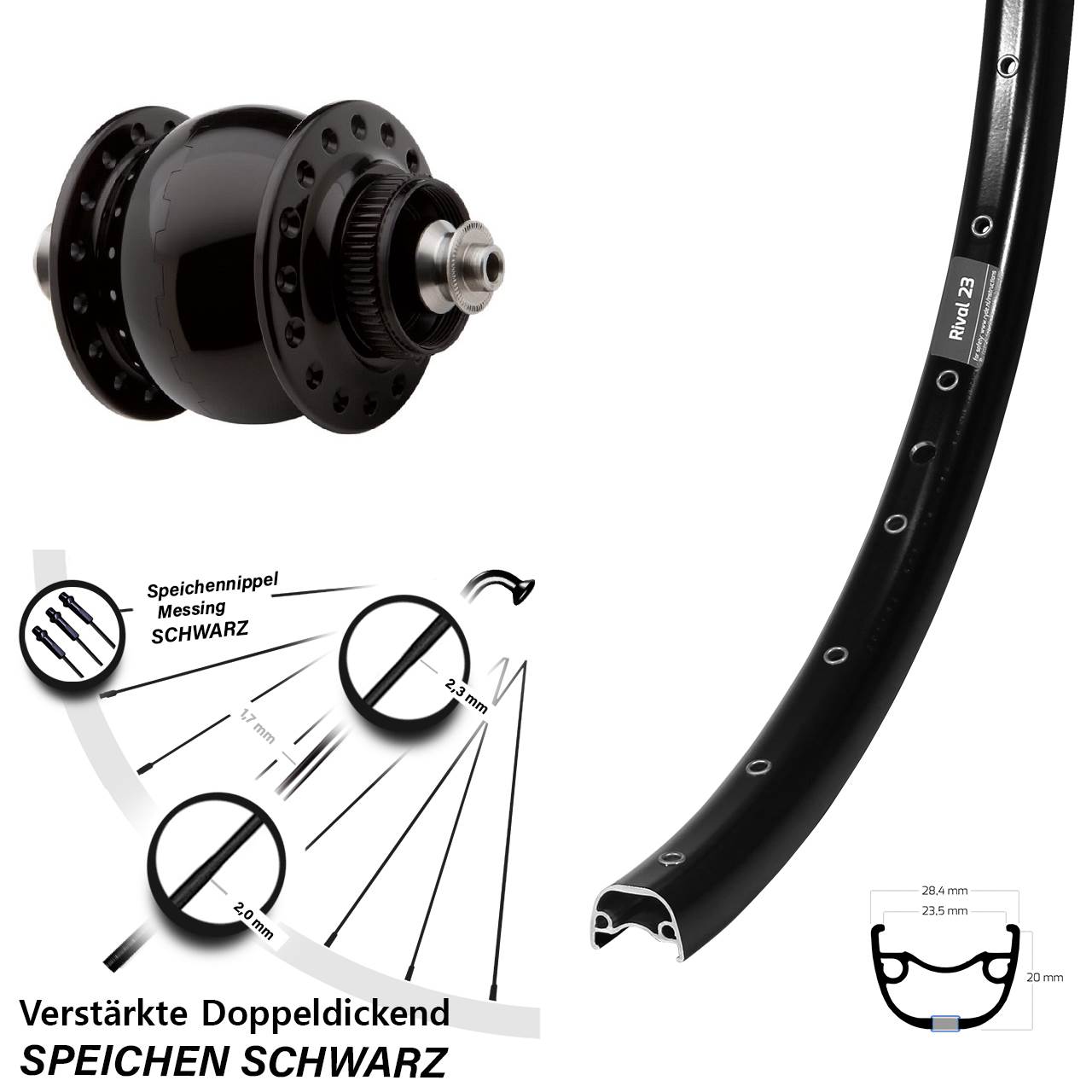 Disc Nabendynamo-Laufrad 27,5 Zoll Ryde Rival 23 SON 28 QR
