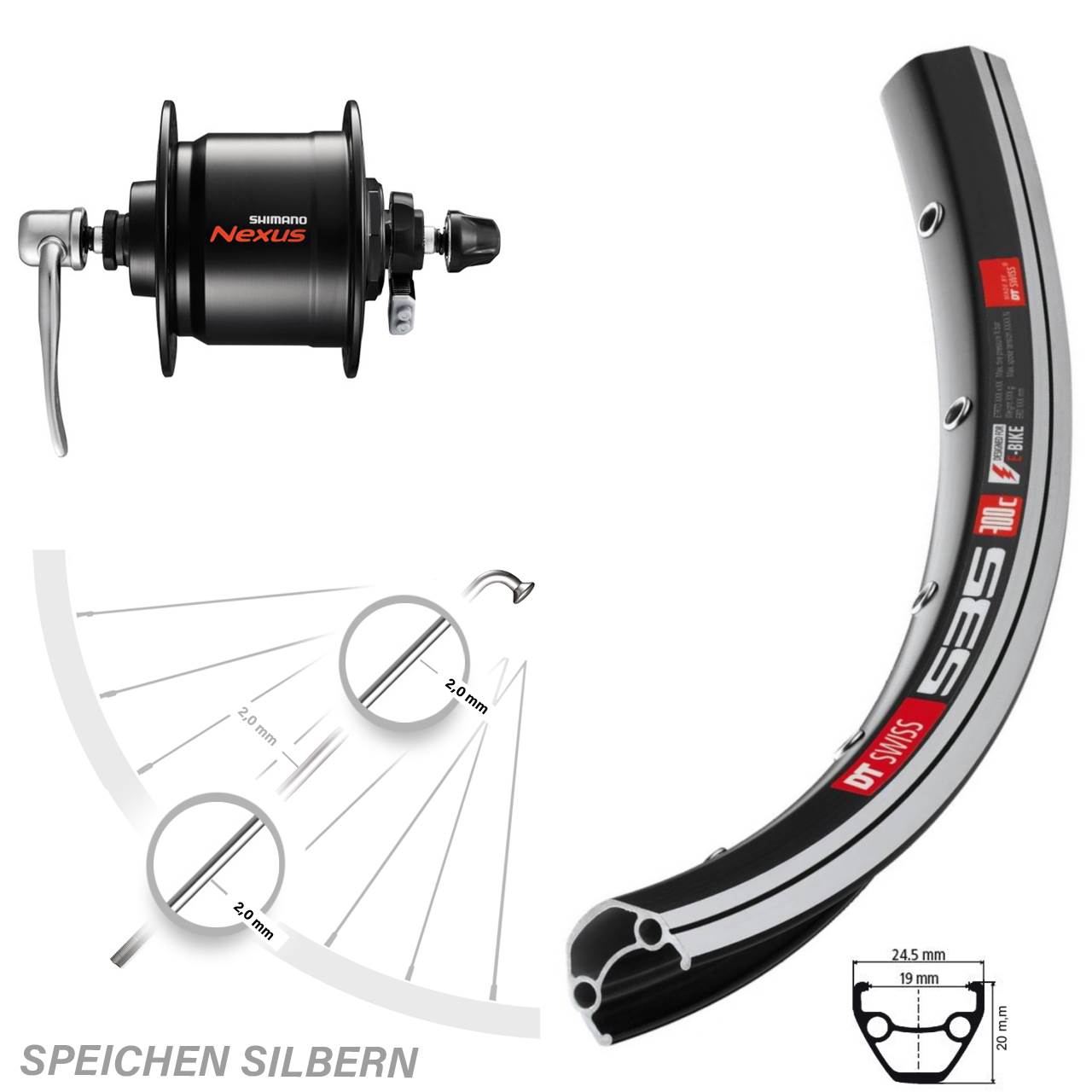 28 Zoll DT Swiss 535 Shimano Nexus DH-C3000-3N-QR Nabendynamo Vorderrad