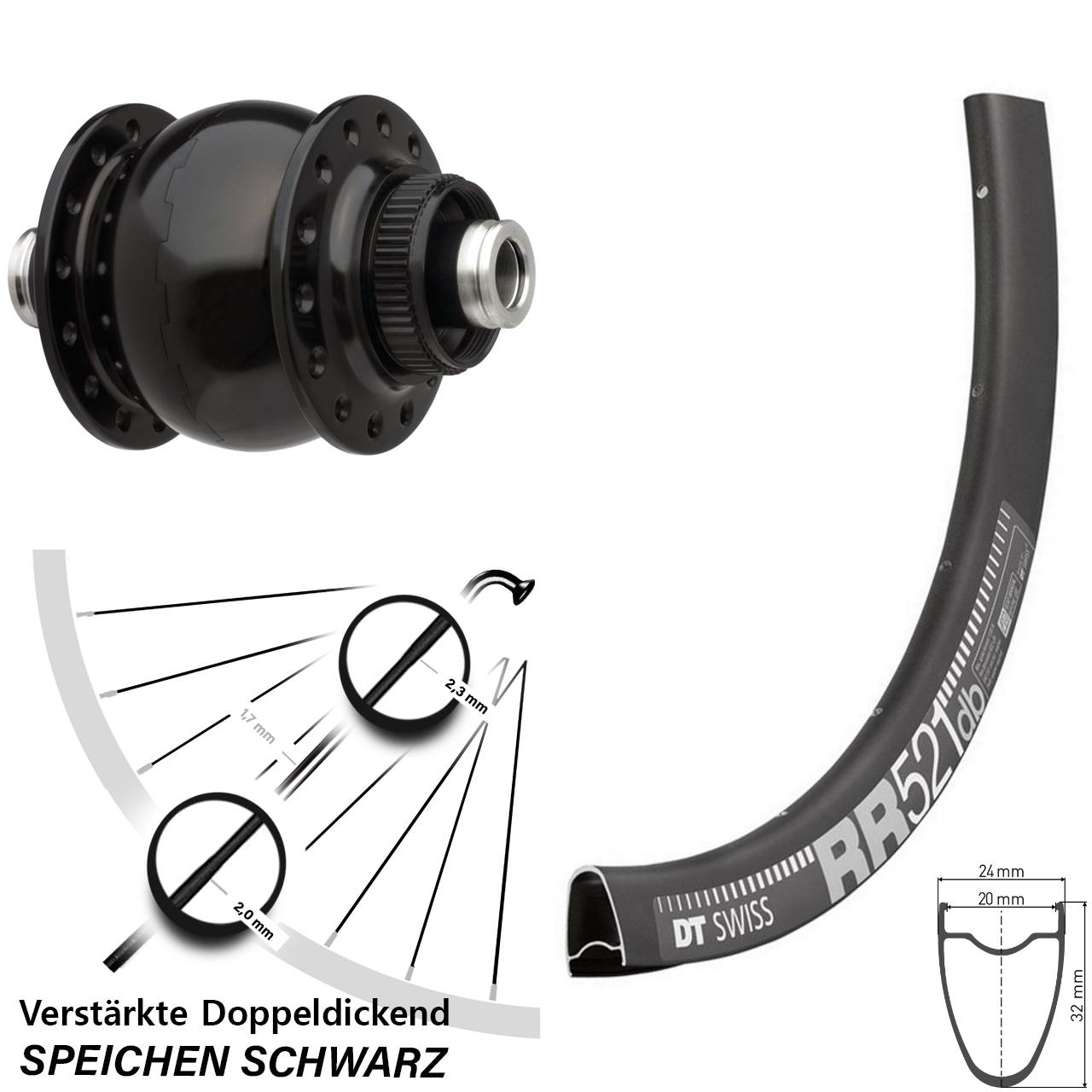 28 Zoll DT Swiss RR 521 Vorderrad Son Nabendynamo 28-12 Centerlock