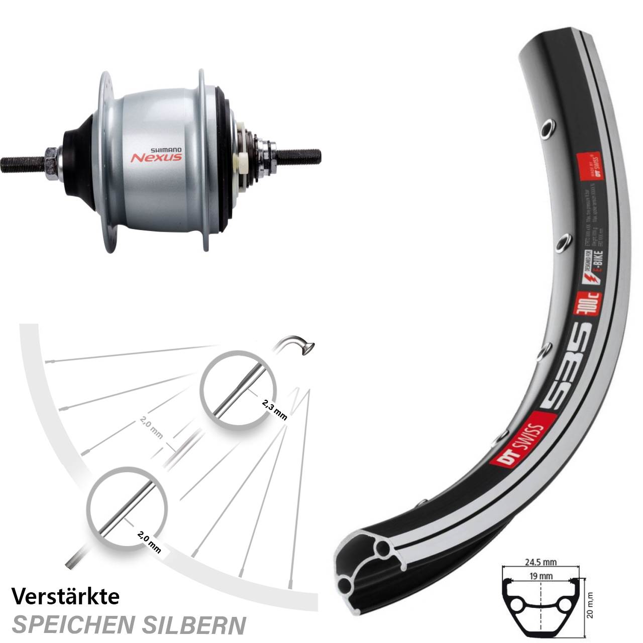 28 Zoll DT Swiss 535 Shimano Nexus 8 Gang Hinterrad Freilauf