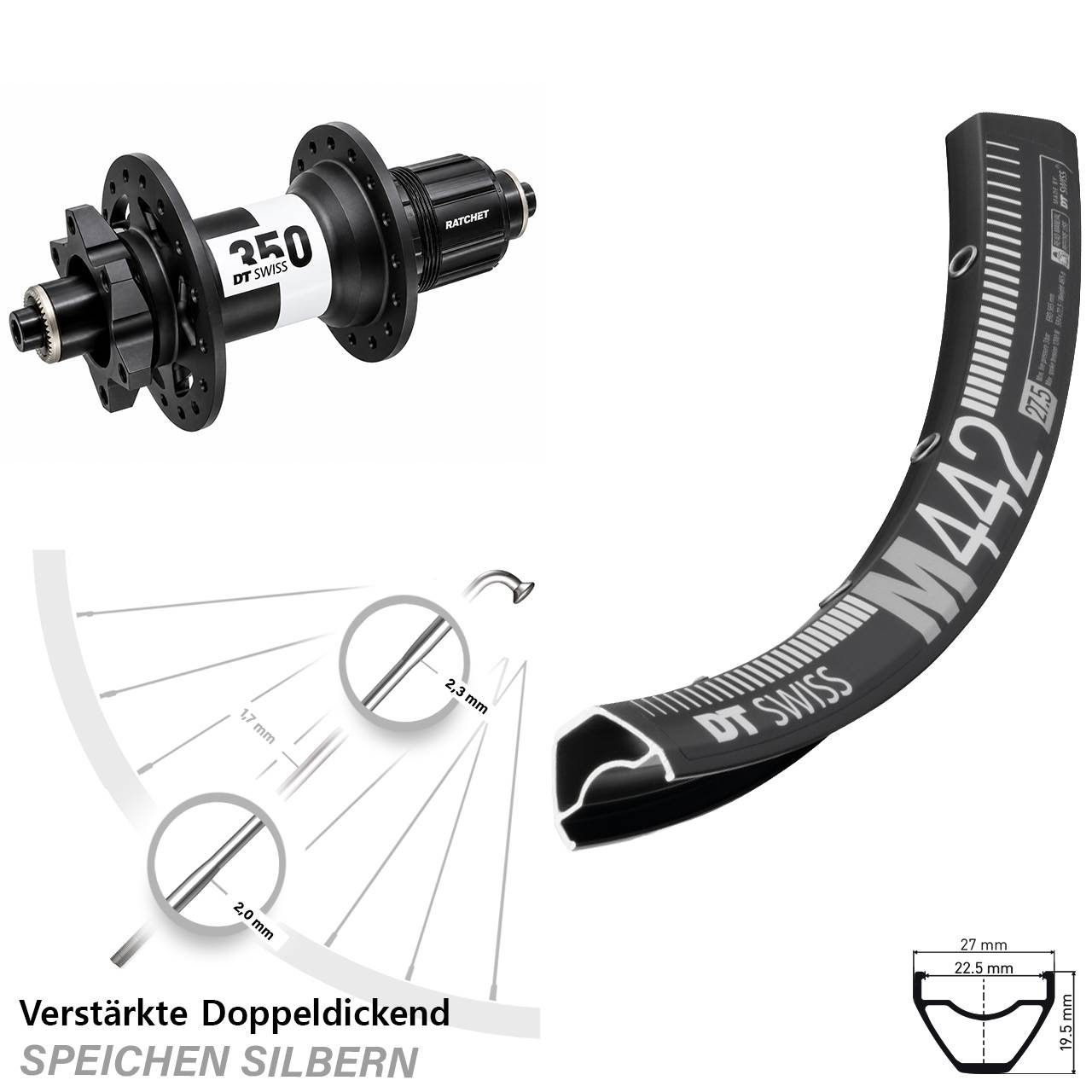 28 Zoll DT Swiss M442-350 Hinterrad 6-Loch für Schnellspanner SRAM XD