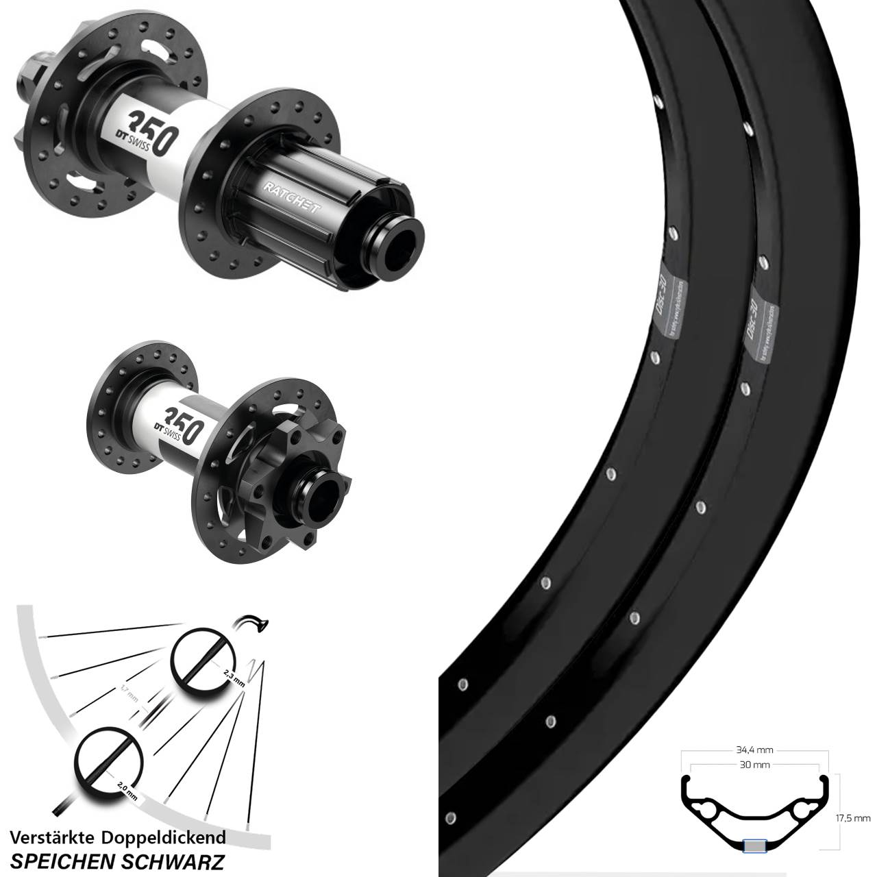 29 Zoll Ryde Disc 30 DT Swiss 350 Laufradsatz 15x100 12x142 8-11 fach