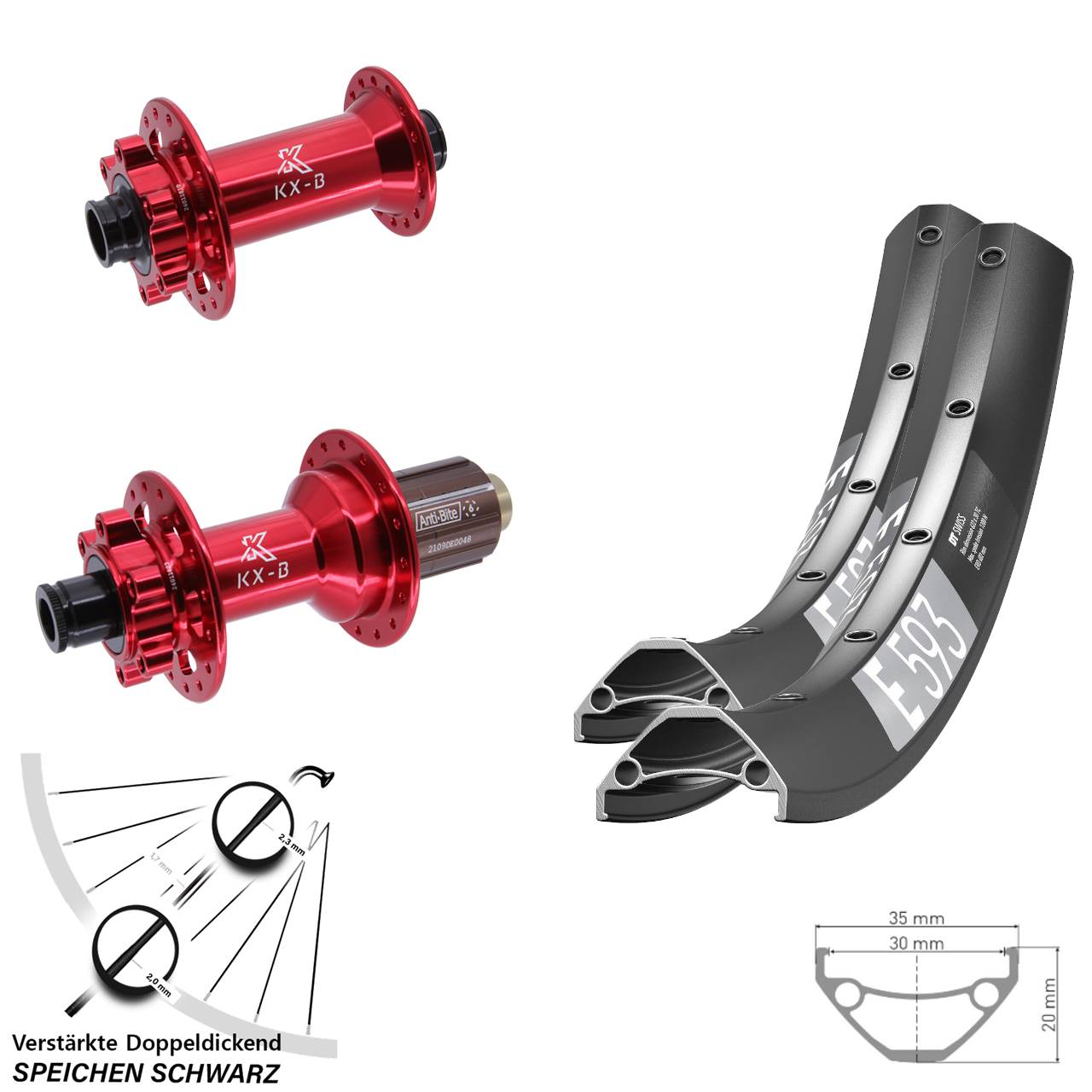 6-Loch Laufradsatz 29 Zoll DT Swiss E593 KX-B rot 8-12 fach 15x110 12x148