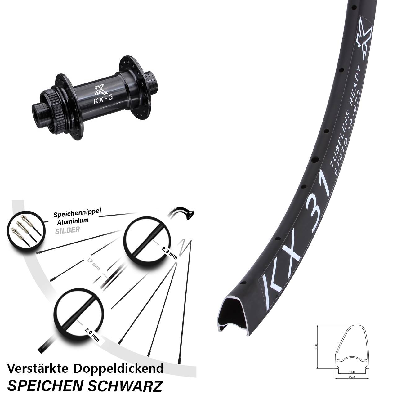 Vorderrad Centerlock 12x100 28 Zoll KX 31 Offset Hochprofil Gravel