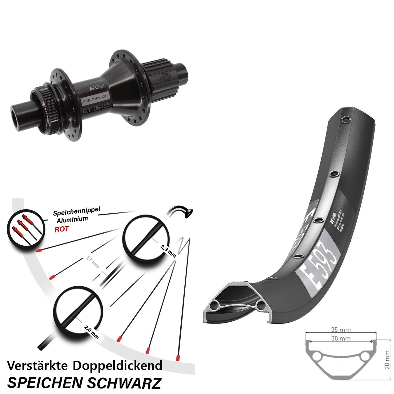 29 Zoll DT Swiss E 593 DT Swiss 370 Hybrid Disc Laufrad 12x142 Micro Spline