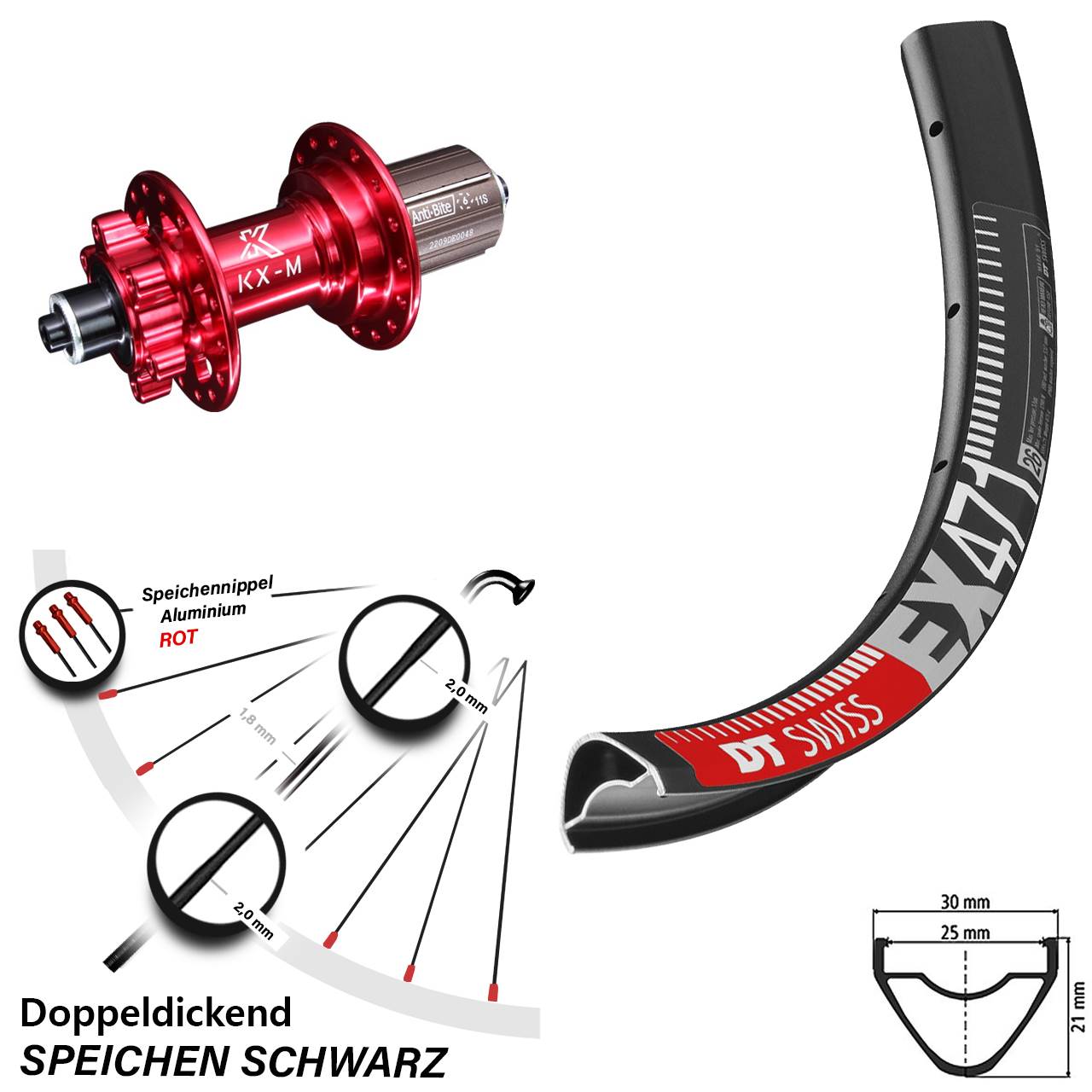 DT Swiss EX 471 KX-M rot 27,5 Zoll Hinterrad 6-Loch QR 8-12 fach HG