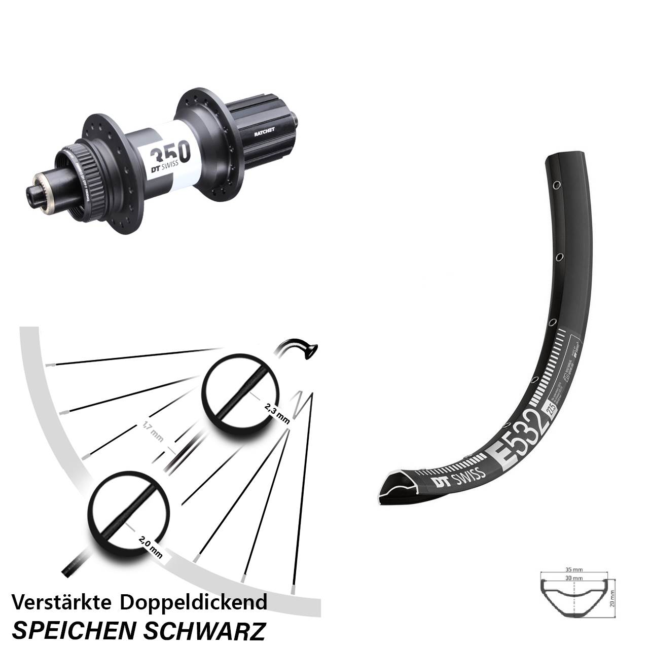 DT Swiss E 532-350 29 Zoll Hinterrad Centerlock für Schnellspanner 8-11 fach
