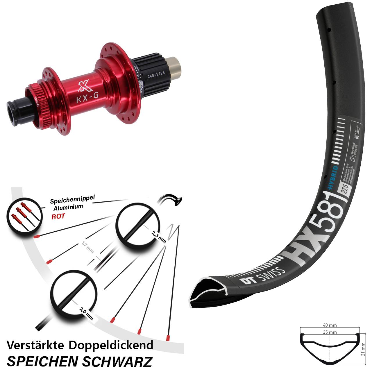 Disc Hinterrad 27,5 Zoll DT Swiss HX 581 KX-G rot Shimano Micro Spline 12x142