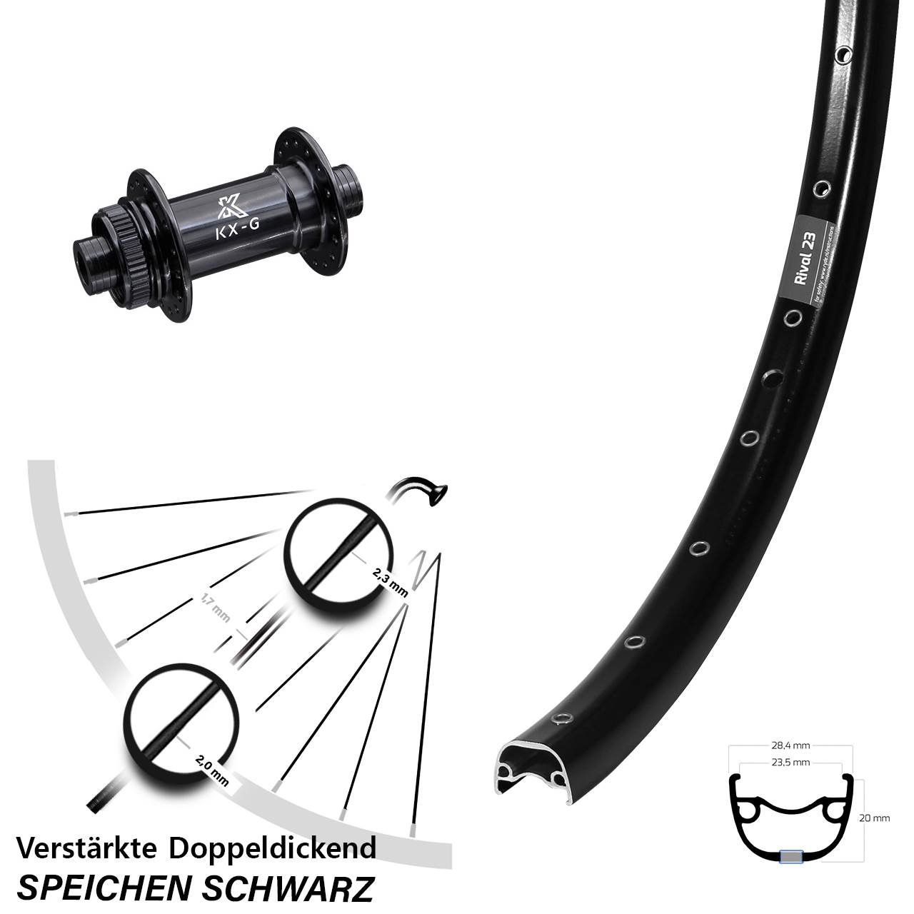 Ryde Rival 23 Vorderrad 27,5 Zoll mit KX-G Steckachse 15x100 Nabe