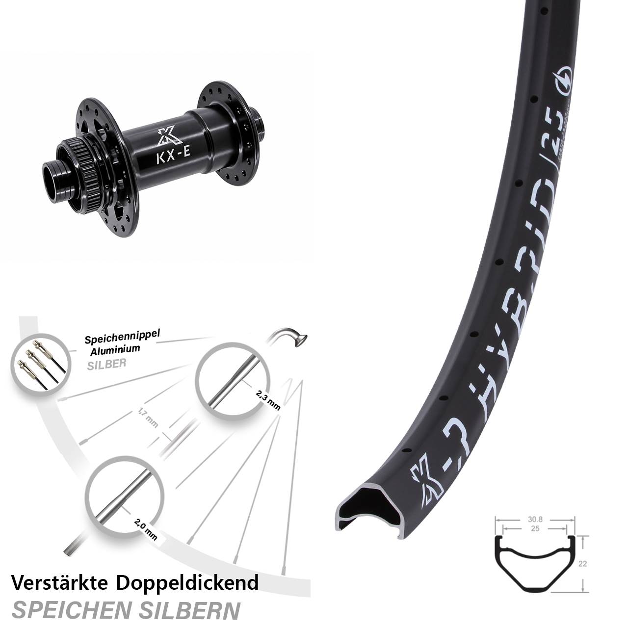 E-Bike Vorderrad 26 Zoll KX-R Hybrid 25 Heavy Duty 15x110 Boost Centerlock