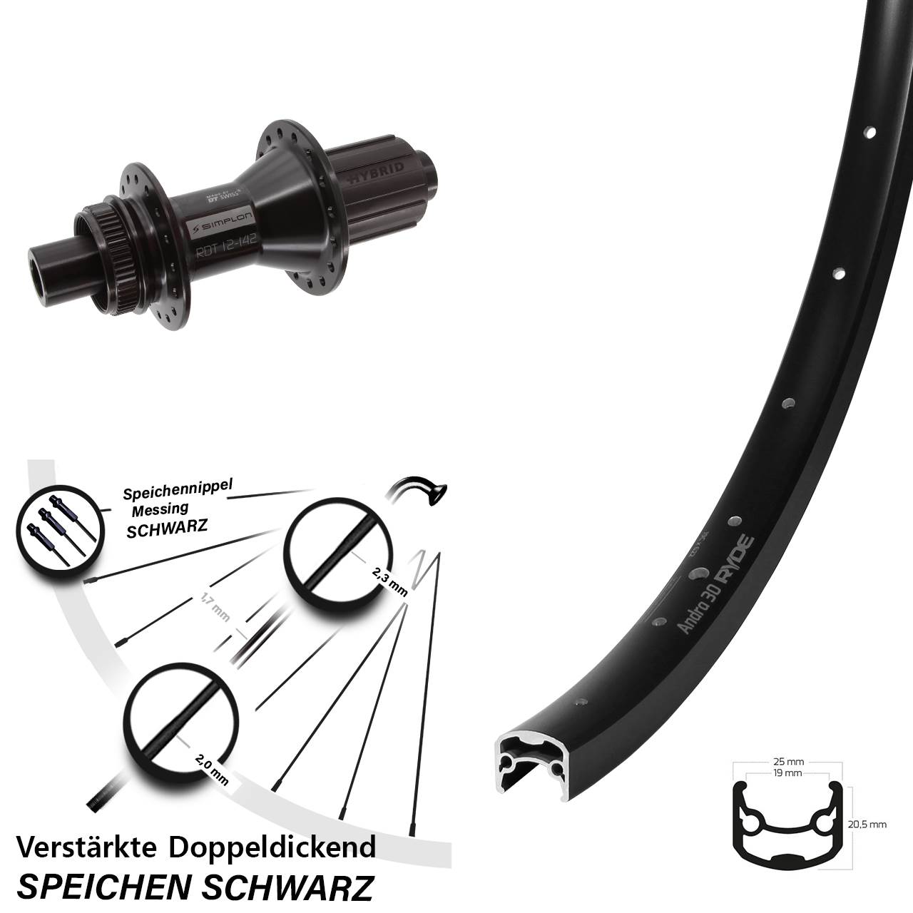 Centerlock Hinterrad 12x142 29 Zoll Ryde Andra 30 Disc DT Swiss 370 Hybrid 8-11 fach
