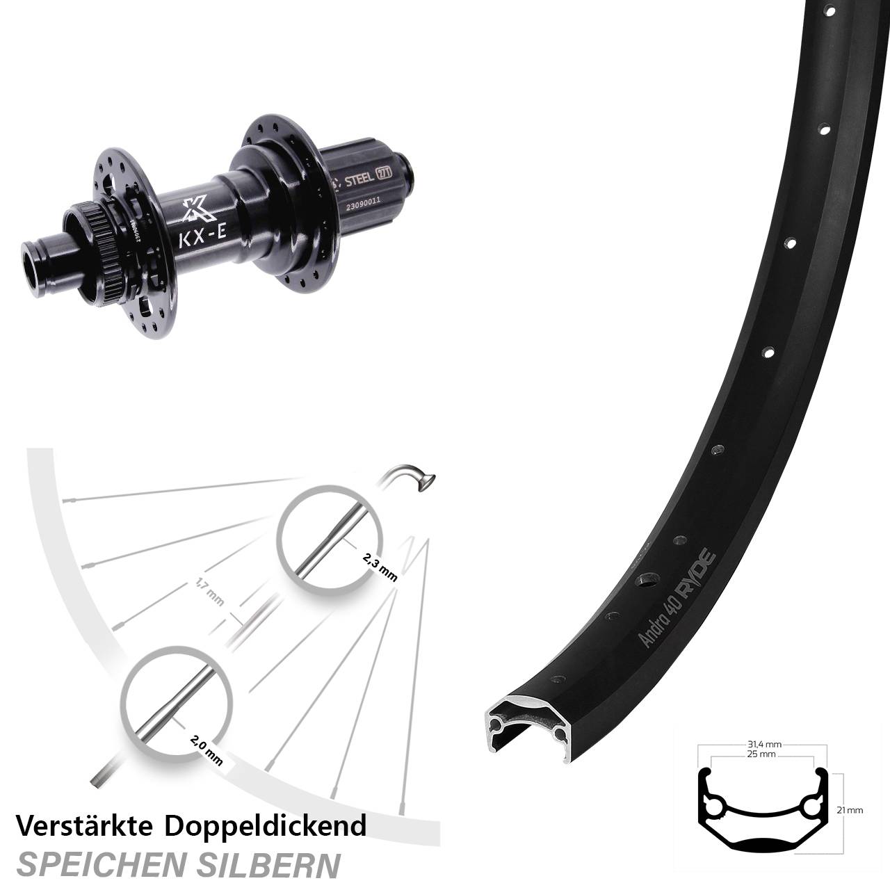 Disc Hinterrad 28-29 Zoll Ryde Andra 40 KX-E Heavy Duty 8-12 fach 12x148 Boost