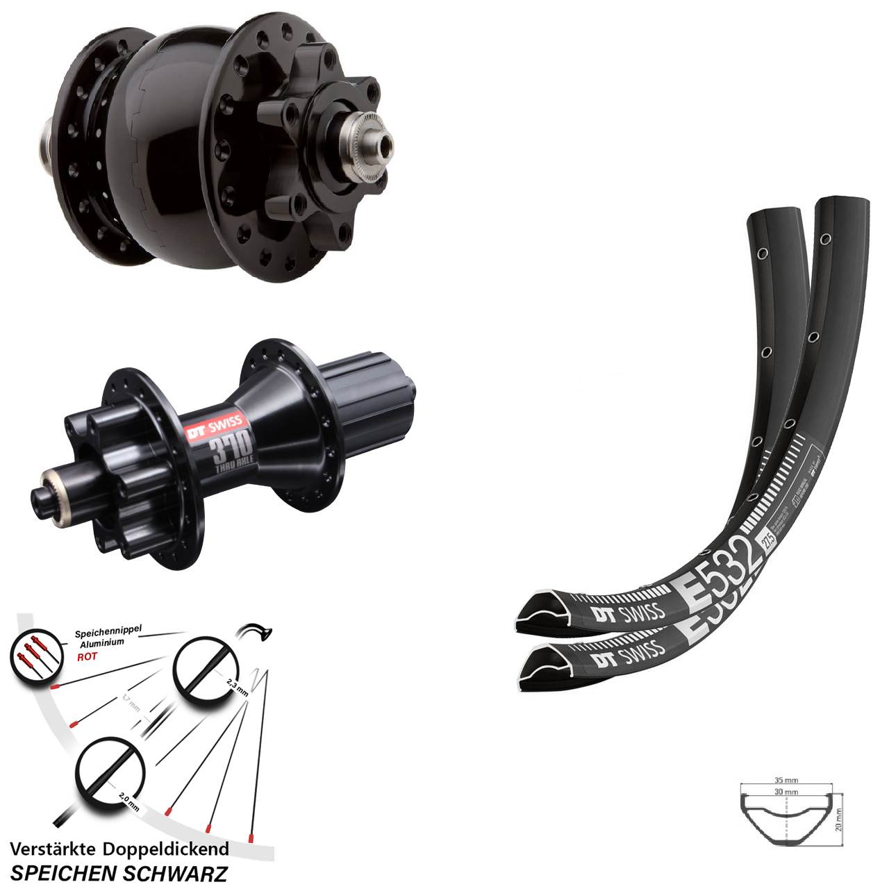 6-Loch Laufradsatz QR 29 Zoll DT Swiss E 532 DT Swiss 370 Hybrid SON 28 8-11 fach