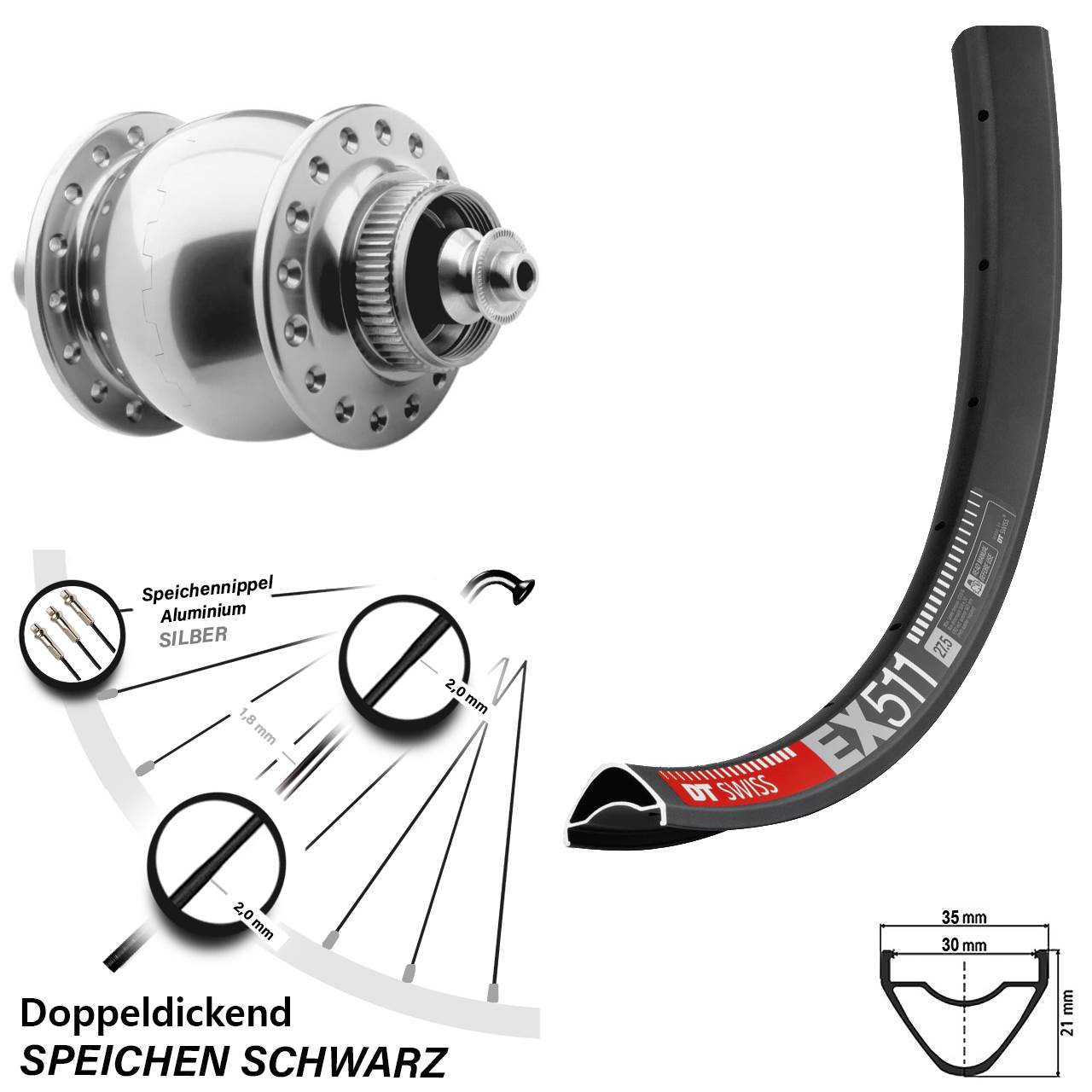 Disc Nabendynamo-Laufrad 27,5 Zoll DT Swiss EX511 SON 28 silbern QR