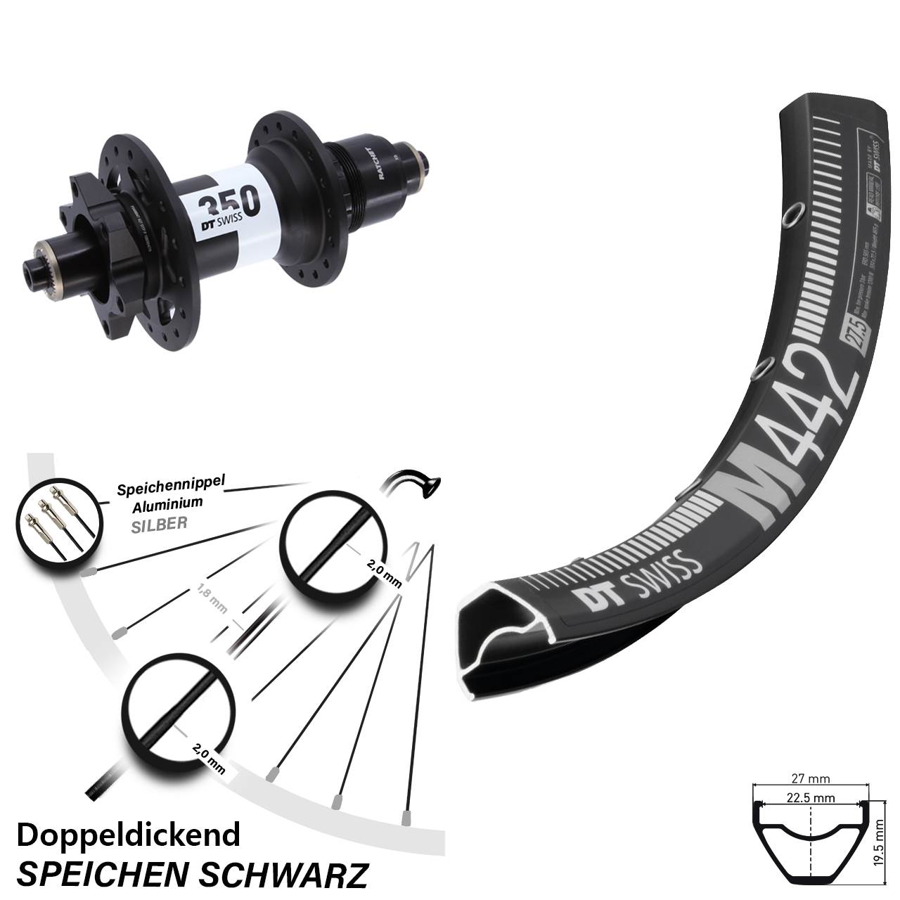 Hinterrad 28 Zoll DT Swiss M 442-350 6-Loch XD QR