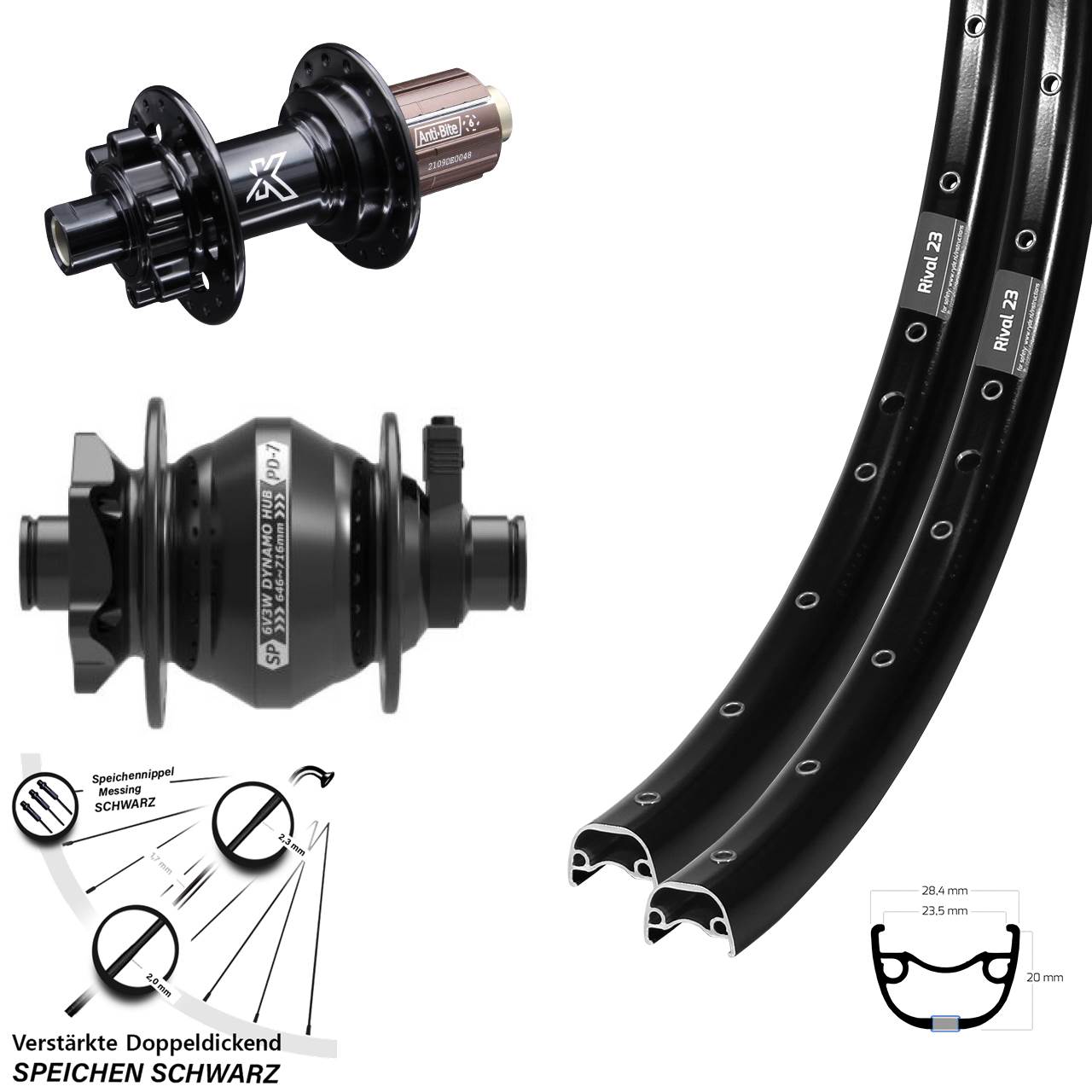 27,5 Zoll Ryde Rival 23 Disc schwarz Laufradsatz 12x100/142 KX-M 8-12 fach HG SP PD-7