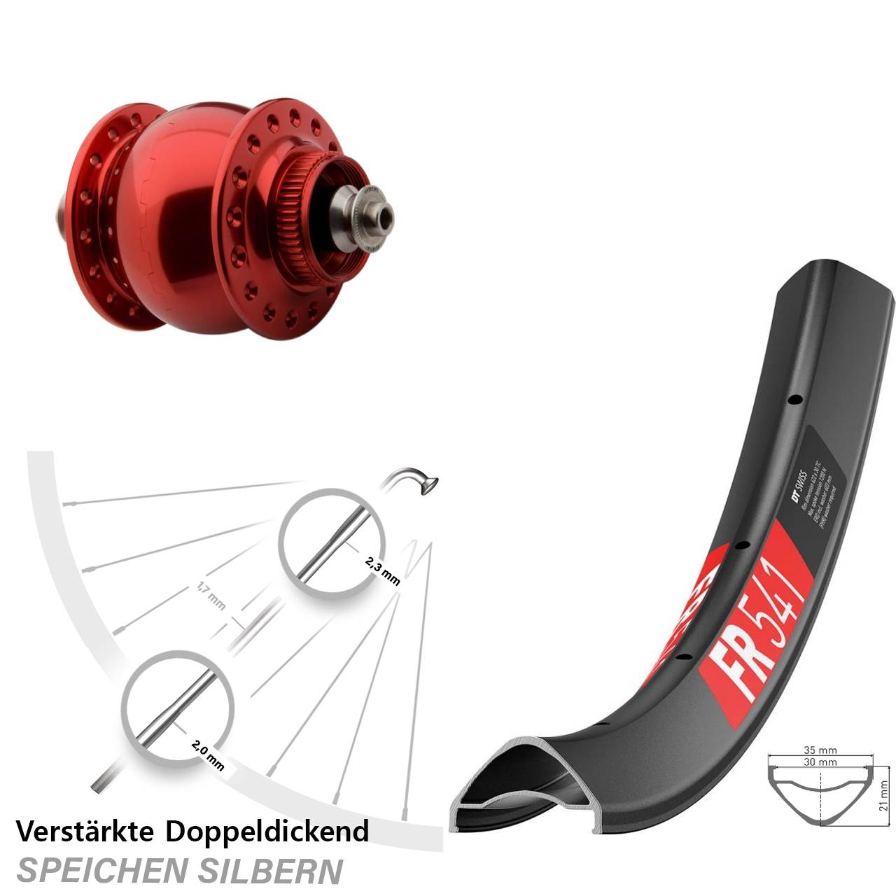 29 Zoll DT Swiss FR 541 SON 28 rot Disc Nabendynamolaufrad für Schnellspanner