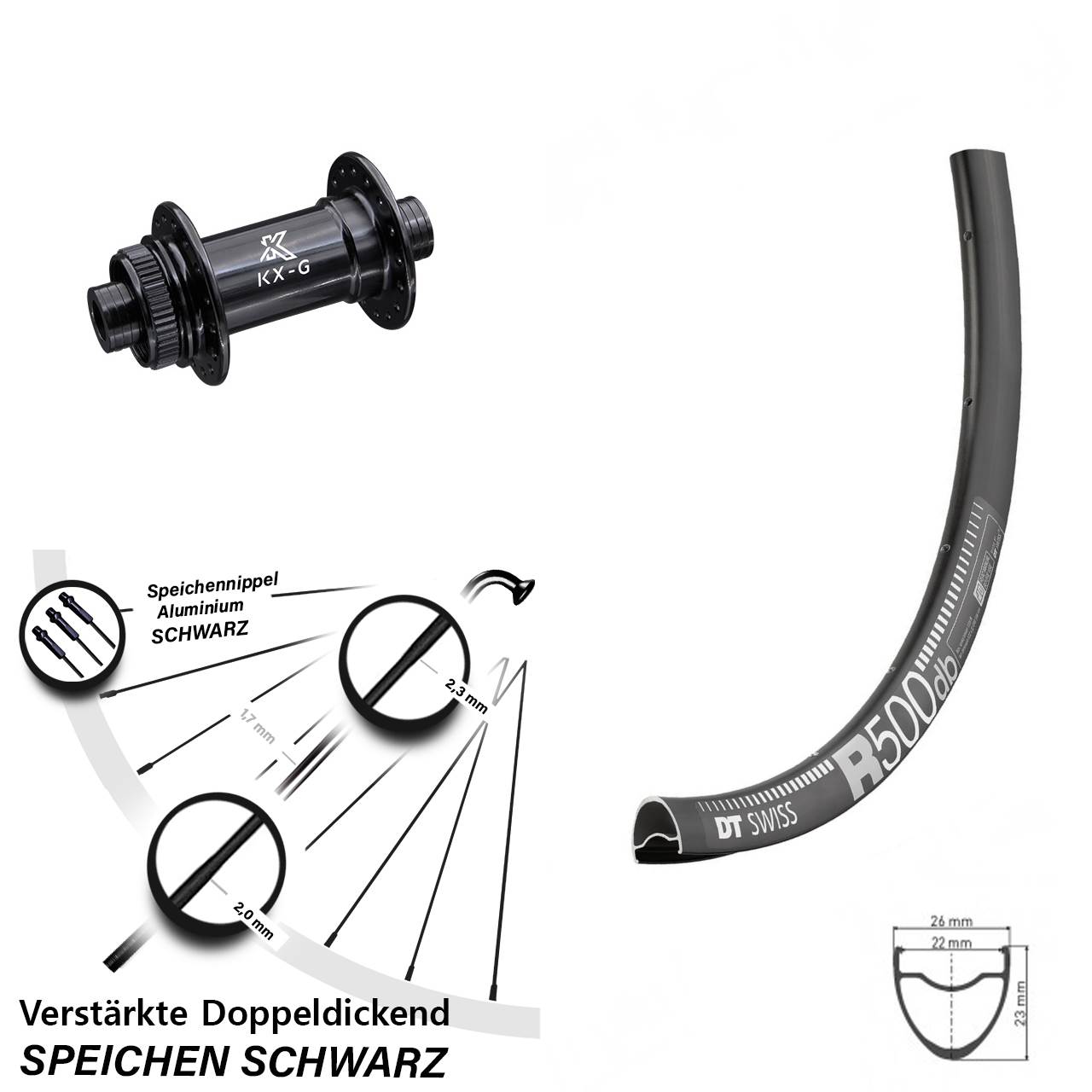 Road Disc DT Swiss R 500 Vorderrad 28 Zoll verstärkt mit KX-G Nabe 12x100 mm Centerlock