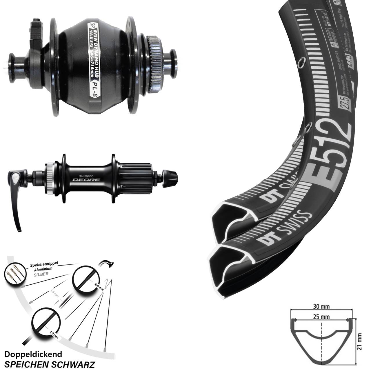 Centerlock 29 Zoll Laufradsatz QR DT Swiss E512 Shutter PL-8 Shimano Deore 8-11 fach