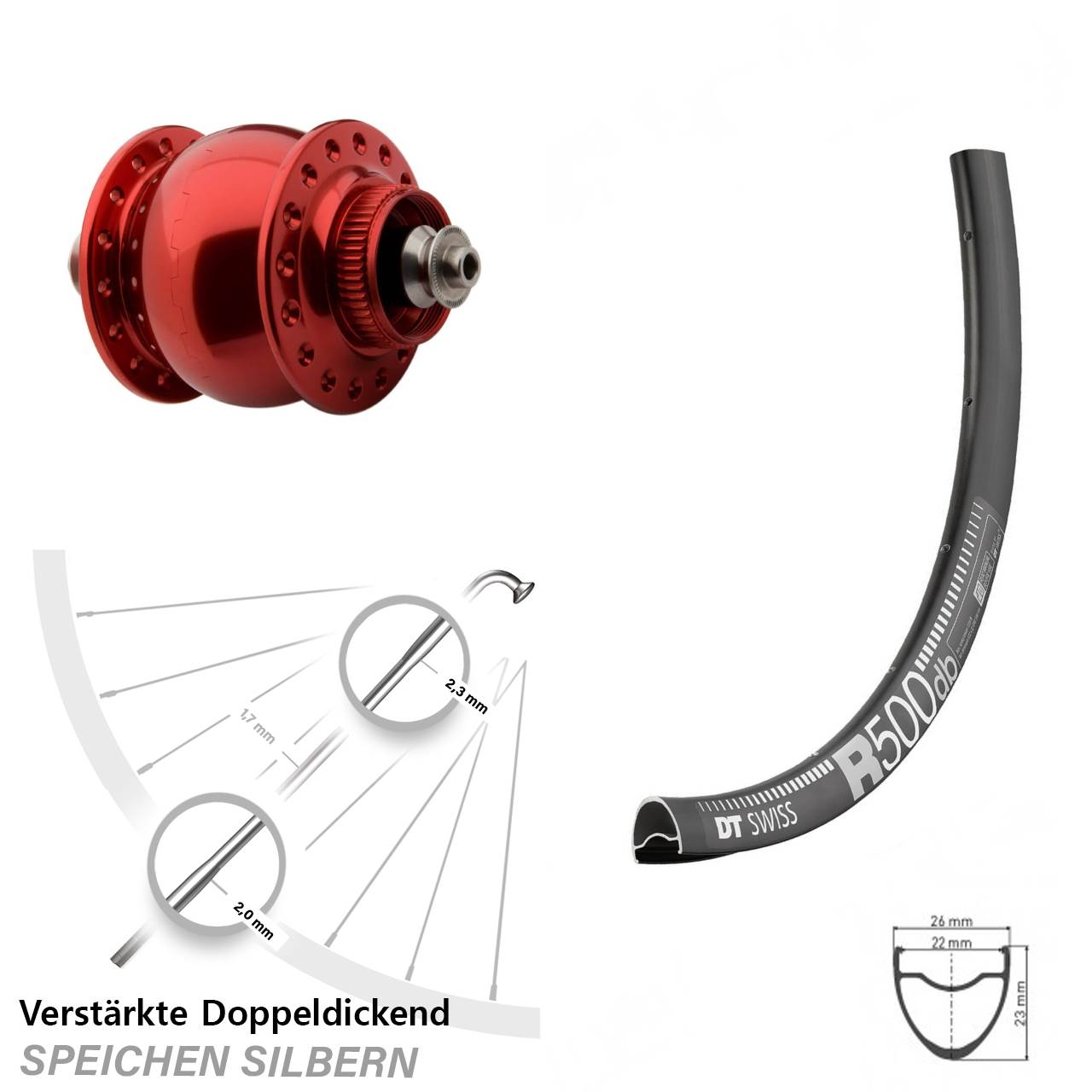 29 Zoll DT Swiss R500 SON 28 rot Centerlock Vorderrad mit Nabendynamo für Schnellspanner
