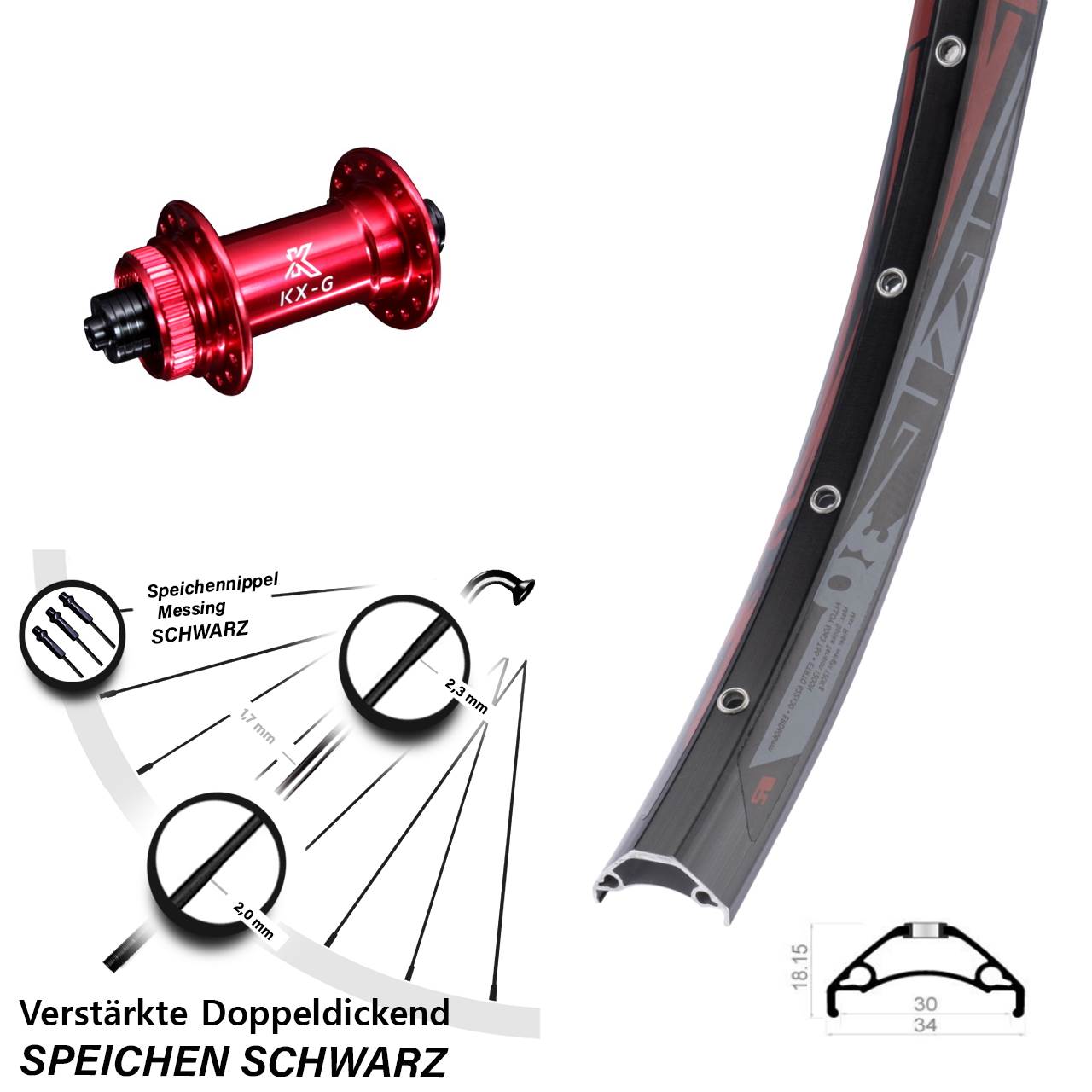 Disc Laufrad 29 Zoll Rodi TRYP 30 KX-G rot für Schnellspanner