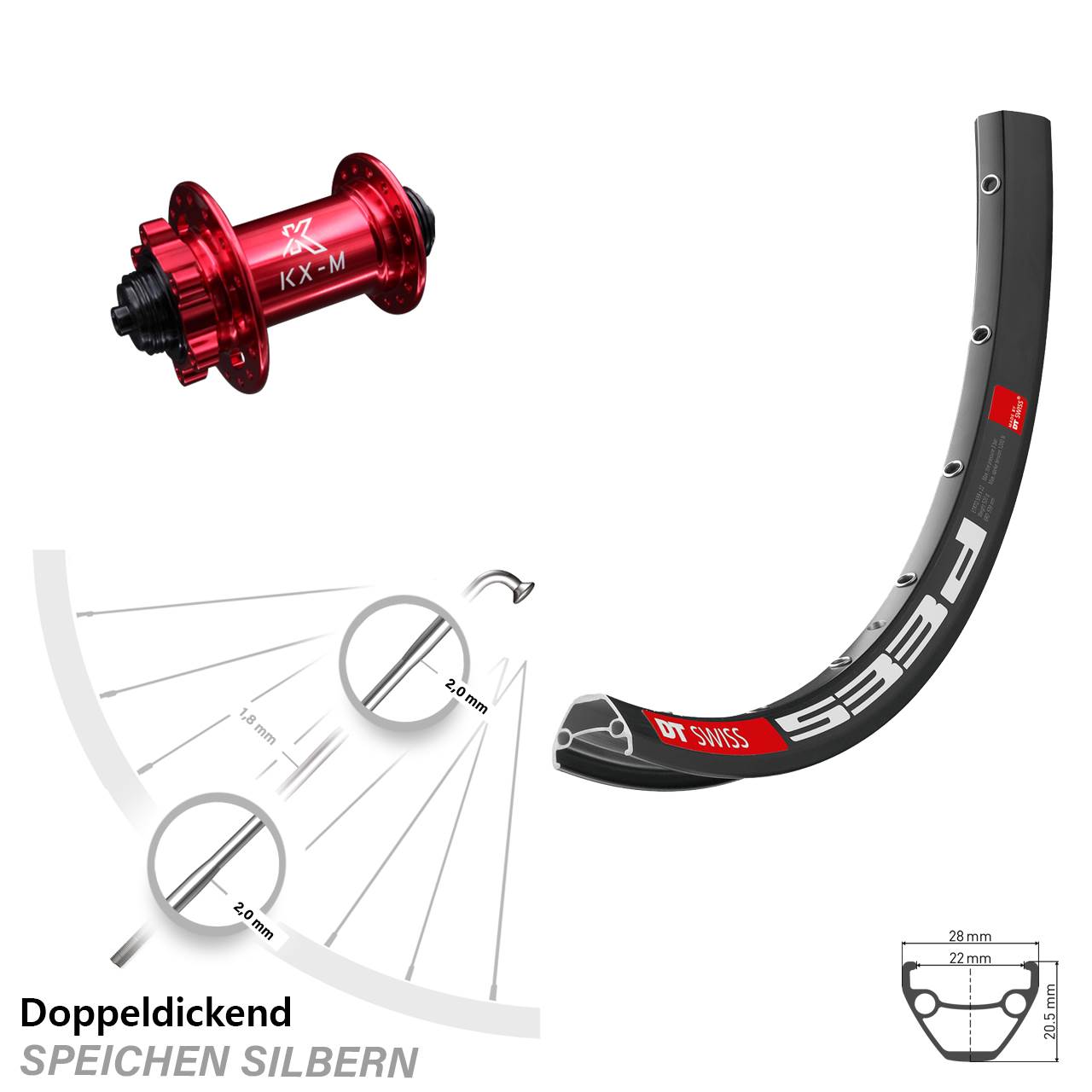 DT Swiss 533 D Vorderrad 29 Zoll mit KX-M rot Disc 6-Loch Schnellspanner 5x100 mm