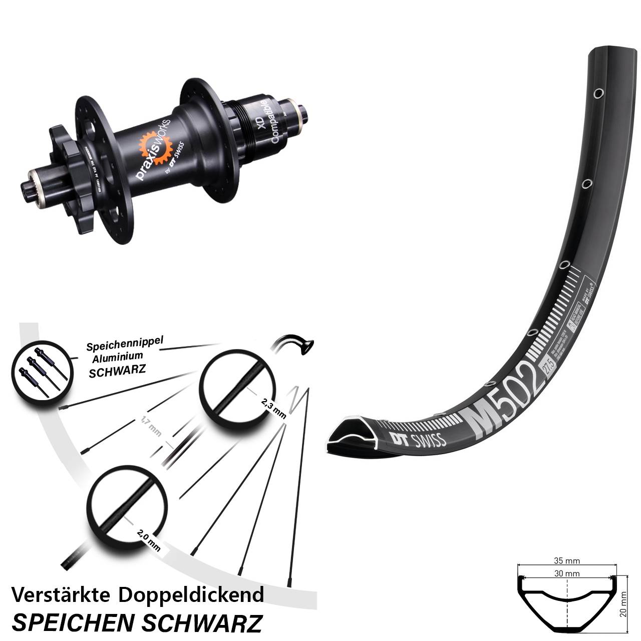 DT Swiss M502-350 29 Zoll Hinterrad 6-Loch für Schnellspanner XD