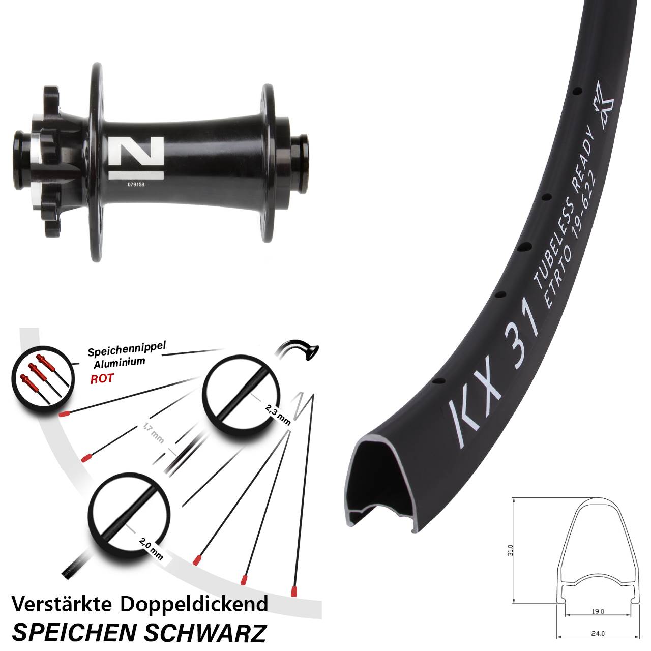 6-Loch Vorderrad 28 Zoll KX 31 Novatec D791 12x100