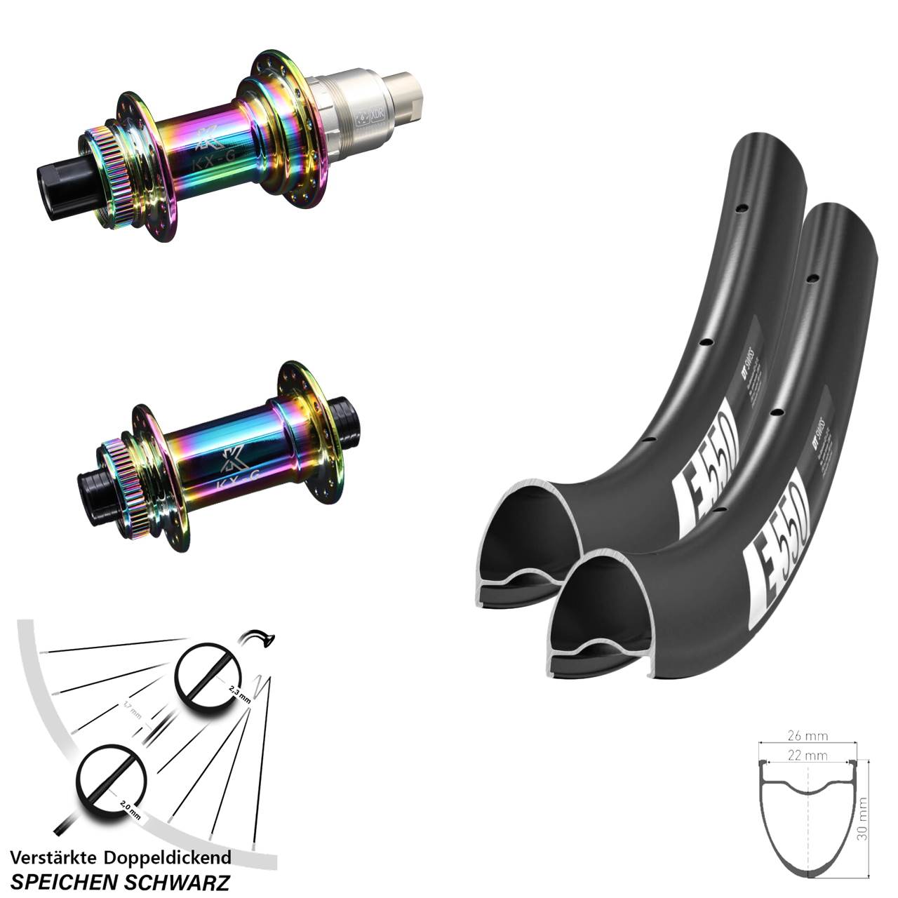 28 Zoll DT Swiss E550 KX-G Oilslick Centerlock Laufradsatz 12x100/142 SRAM XDR